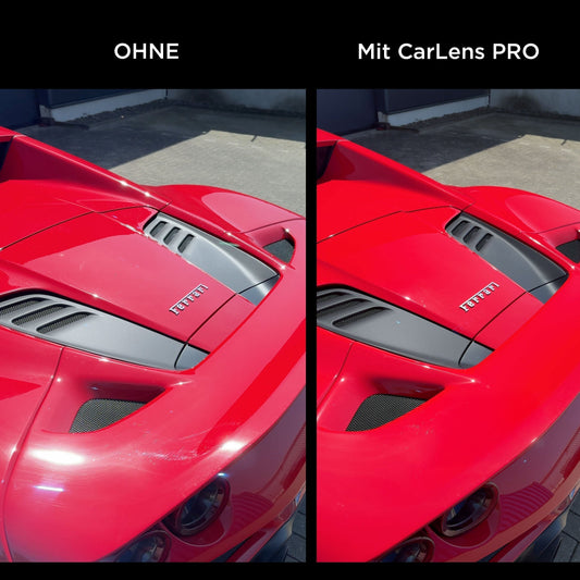 Vergleichbild von einem fotografierten Auto mit und ohne CarLens PRO
