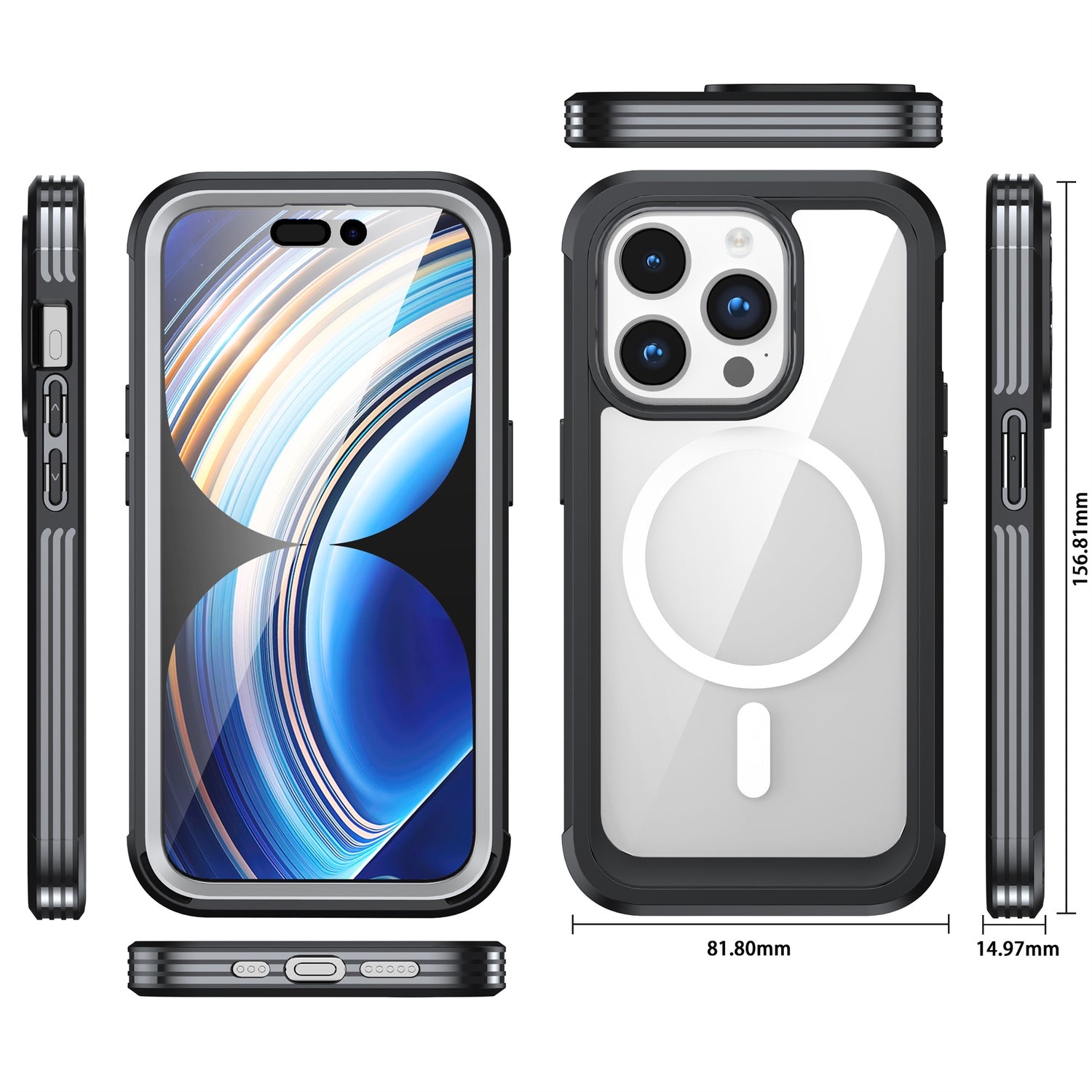 Das arktis iPhone 16 Pro Defender Case in Schwarz ist aus allen Winkeln – vorne, hinten, von den Seiten und oben – gut zu sehen und verfügt über beschriftete Abmessungen in Millimetern für einen vollständigen 360-Grad-Schutz.