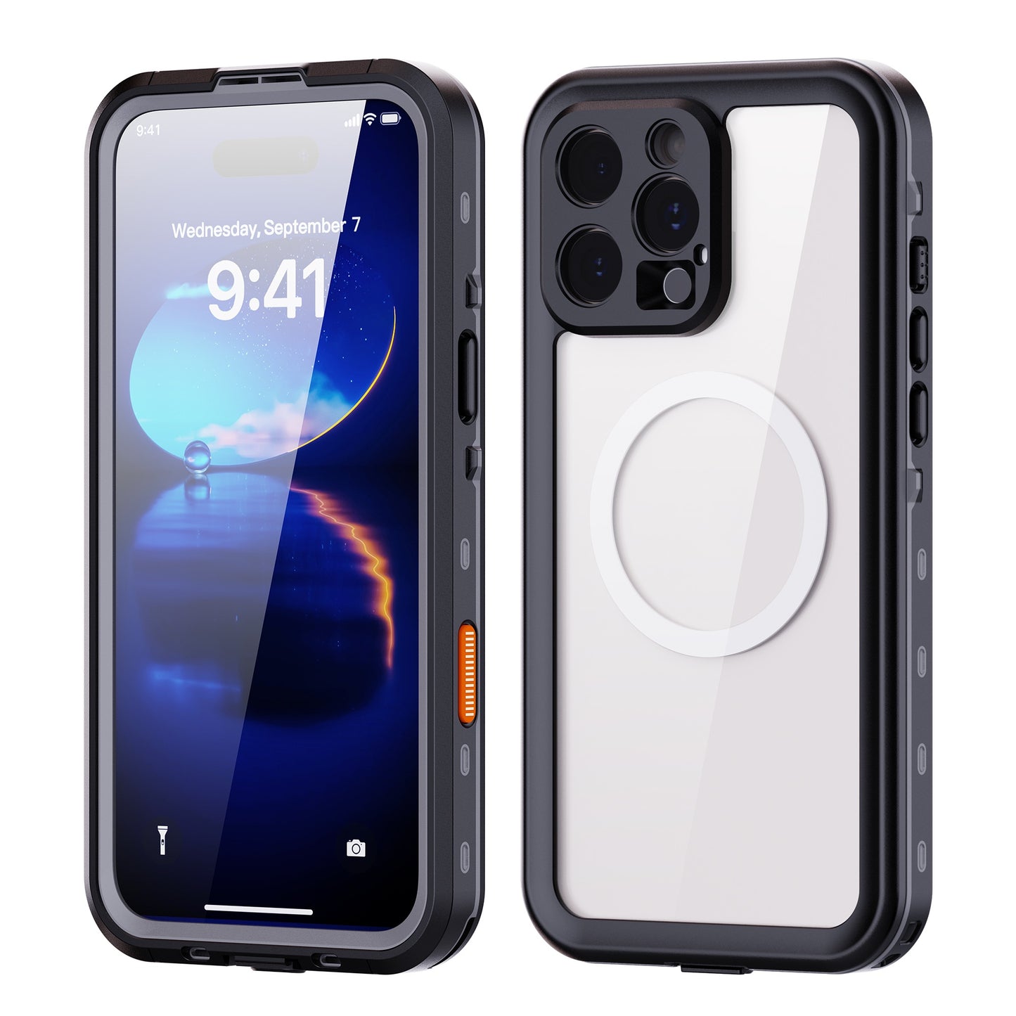 Zwei arktis iPhone 16 Pro Max Wasserdichtes Actioncases in Schwarz – eines mit sichtbarem Display, das andere zeigt Rückseite mit Kamera und MagSafe-Ring. Wasserdicht, wasserdicht nach IP68-Standard.
