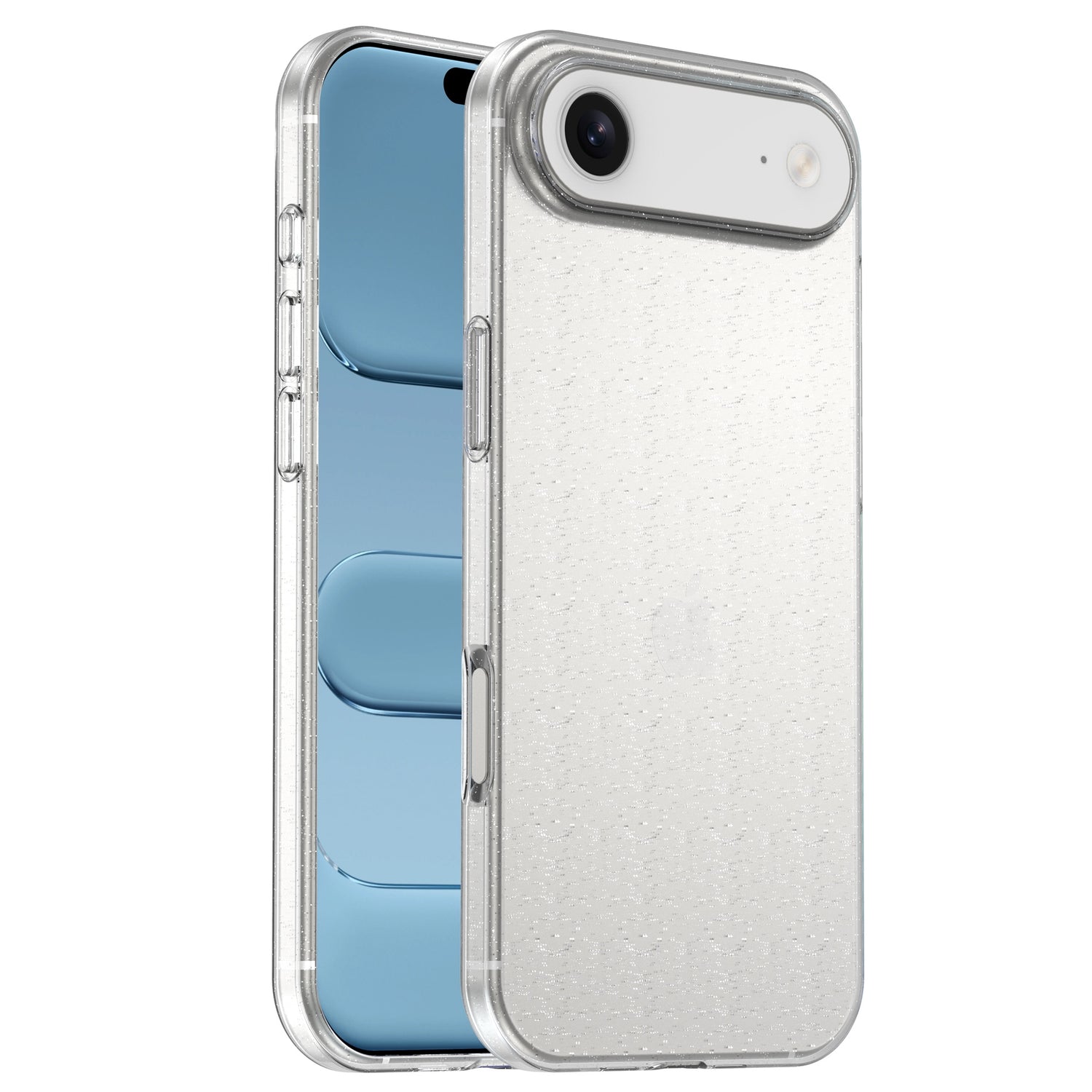 Zwei Smartphones präsentieren das arktis iPhone Air Glitter Case - eines hebt die glitzernde Rückseite hervor, während das andere den Bildschirm zeigt und so den schimmernden Spaß dieser arktis Schutzhülle hervorhebt.