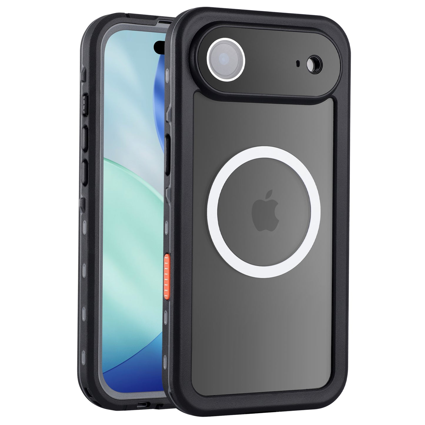 Das arktis iPhone 17 Air Wasserdichtes Actioncase, hier mit MagSafe Ring an einem iPhone vor blau-grünem Display, bietet schlanken Style und schützt mit IP68-Standard optimalen Schutz vor Wasser und Staub.