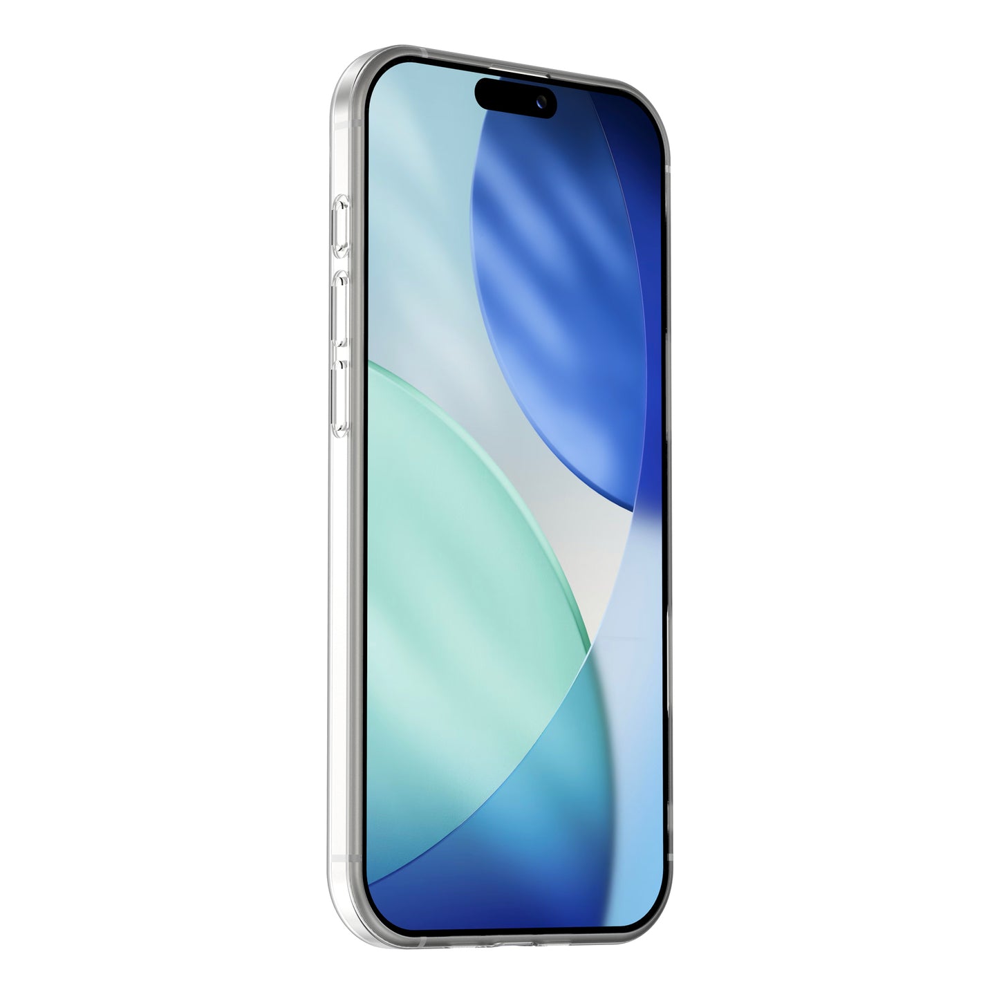 Ein modernes Smartphone mit dem ultradünnen, transparenten arktis iPhone 17 Air ZERO Case von arktis, das ein blaues und grünes abstraktes Wallpaper auf seinem Bildschirm zeigt.