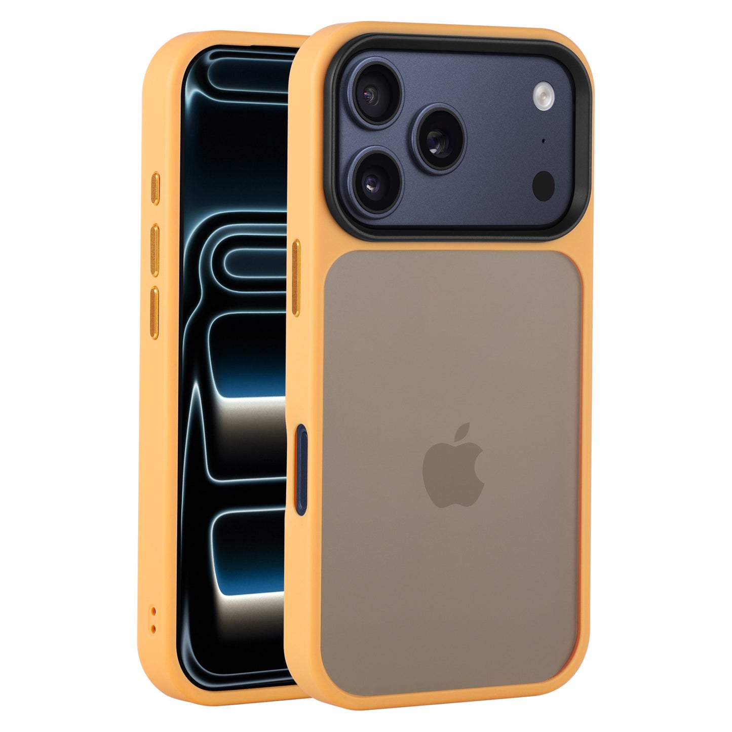 Ein iPhone 17 Pro mit einem gelben, matten Arktis iPhone 17 Pro Solid Case, das das Apple-Logo und die Kameralinsen auf der Rückseite hervorhebt.