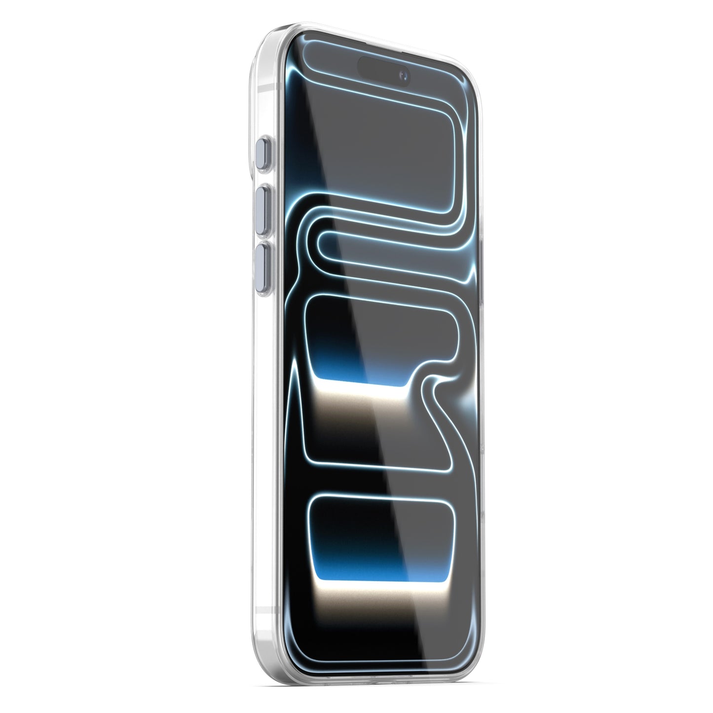 Das arktis iPhone 17 Pro Max Clear Case mit MagSafe von arktis zeichnet sich durch ein reflektierendes, transparentes Design aus, das mit einem blauen, abstrakten Neon-Muster auf dem Bildschirm dargestellt wird.