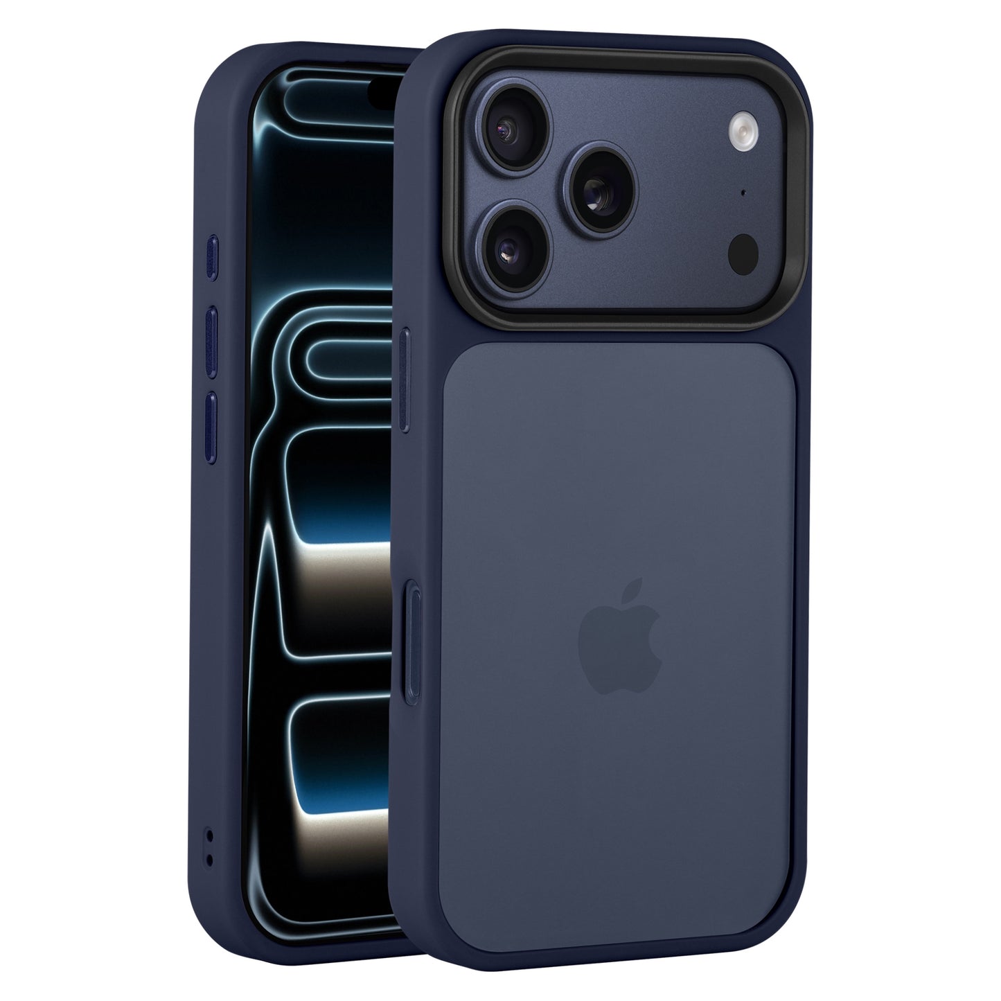 Das Arktis iPhone 17 Pro Solid Case von Arktis in Marineblau mit mattem Finish setzt die Rückkamera des iPhones und den Bildschirm mit abstrakten Neonlinien in Szene.
