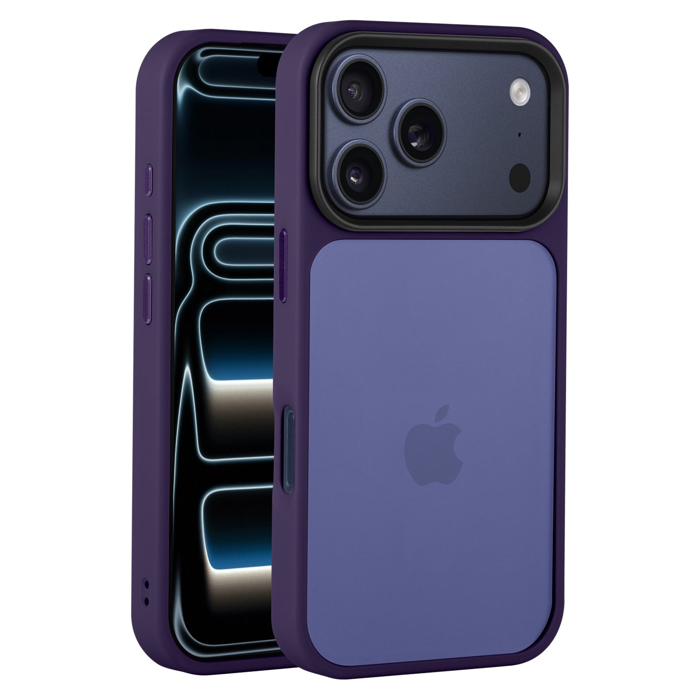 Lila Arktis iPhone 17 Pro Solid Case von Arktis, mit einer passenden matten Schutzhülle, mit freiem Blick auf den vorderen Bildschirm und die Rückseite mit dem Apple-Logo.