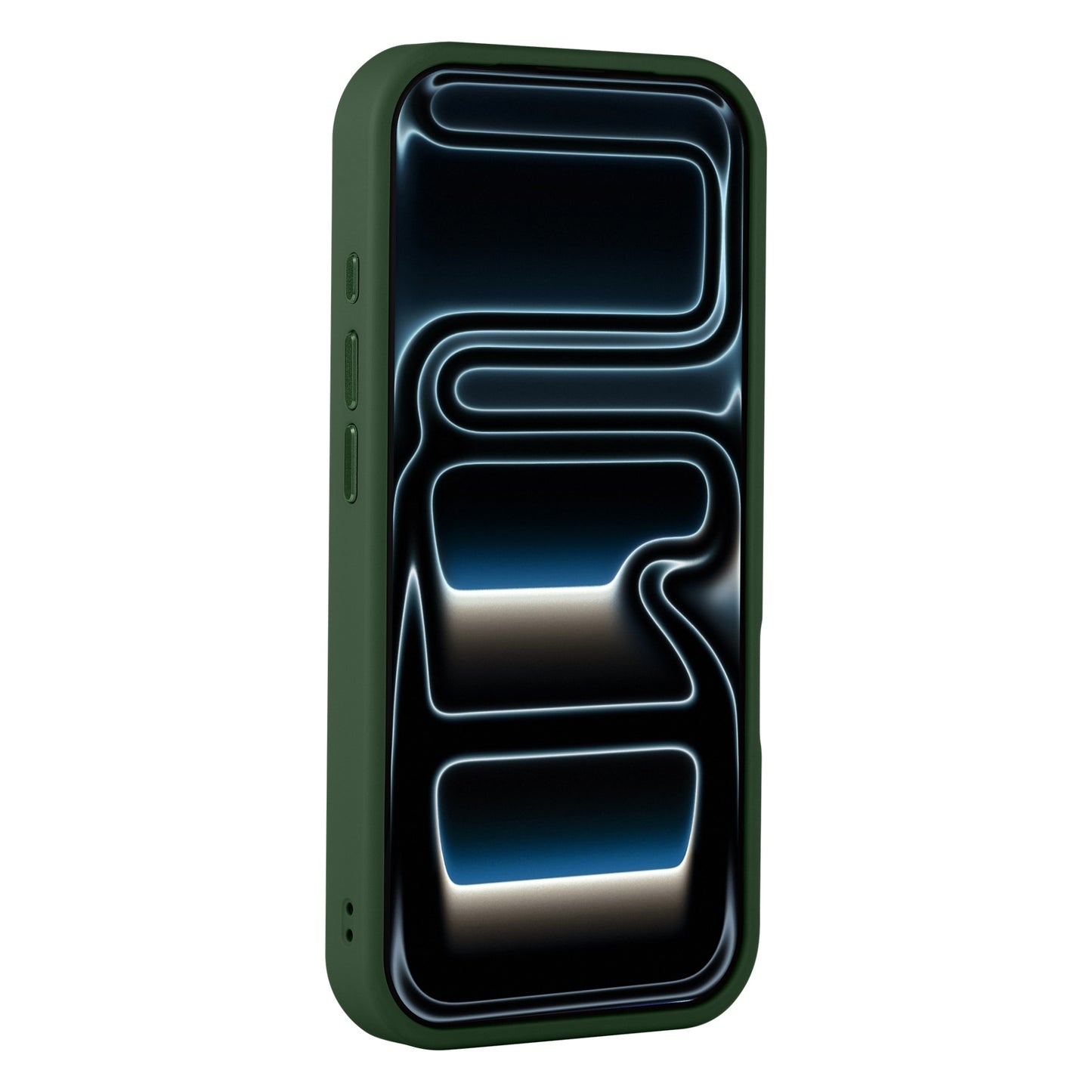 Ein iPhone 17 Pro mit einem dunklen, abstrakten Neon-Display-Design in einem Arktis iPhone 17 Pro Solid Case von Arktis, mit einem matten grünen Finish.
