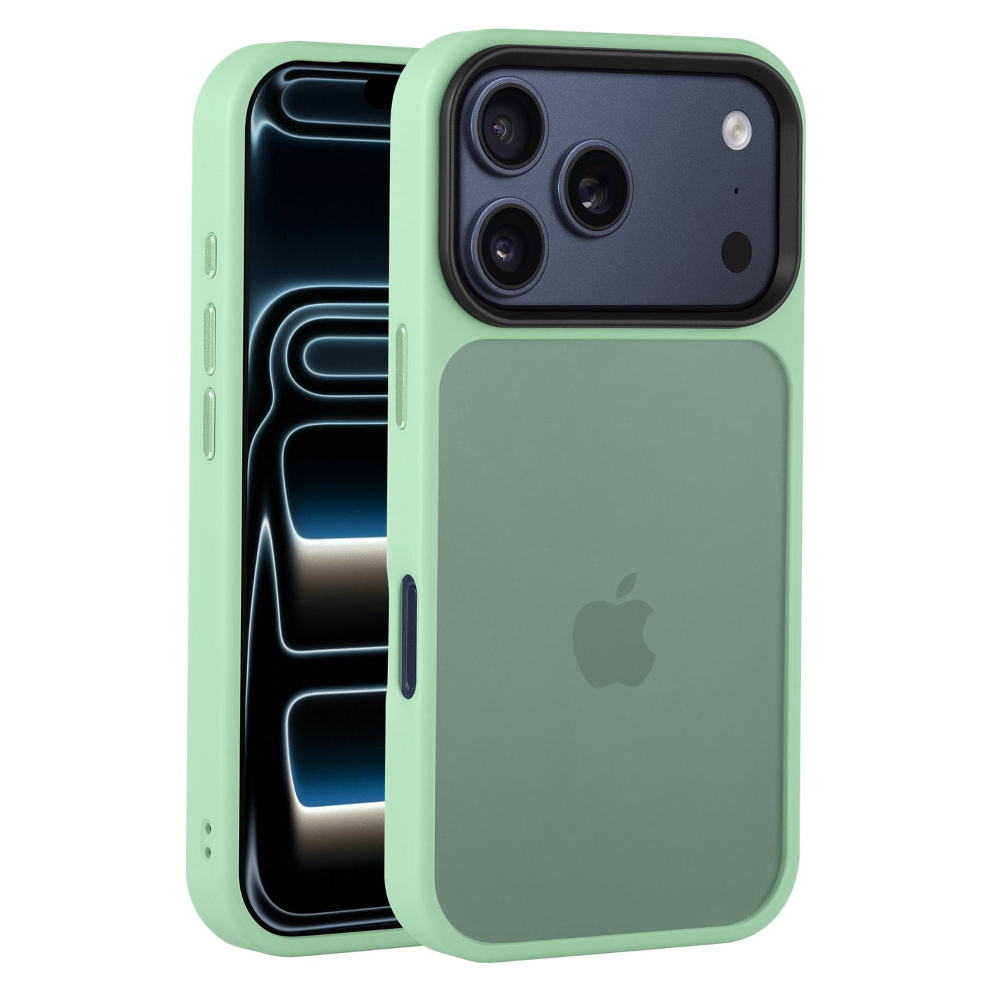 Das Arktis iPhone 17 Pro Solid Case in Grün wird auf dem Telefon sowohl von vorne als auch von hinten angezeigt.