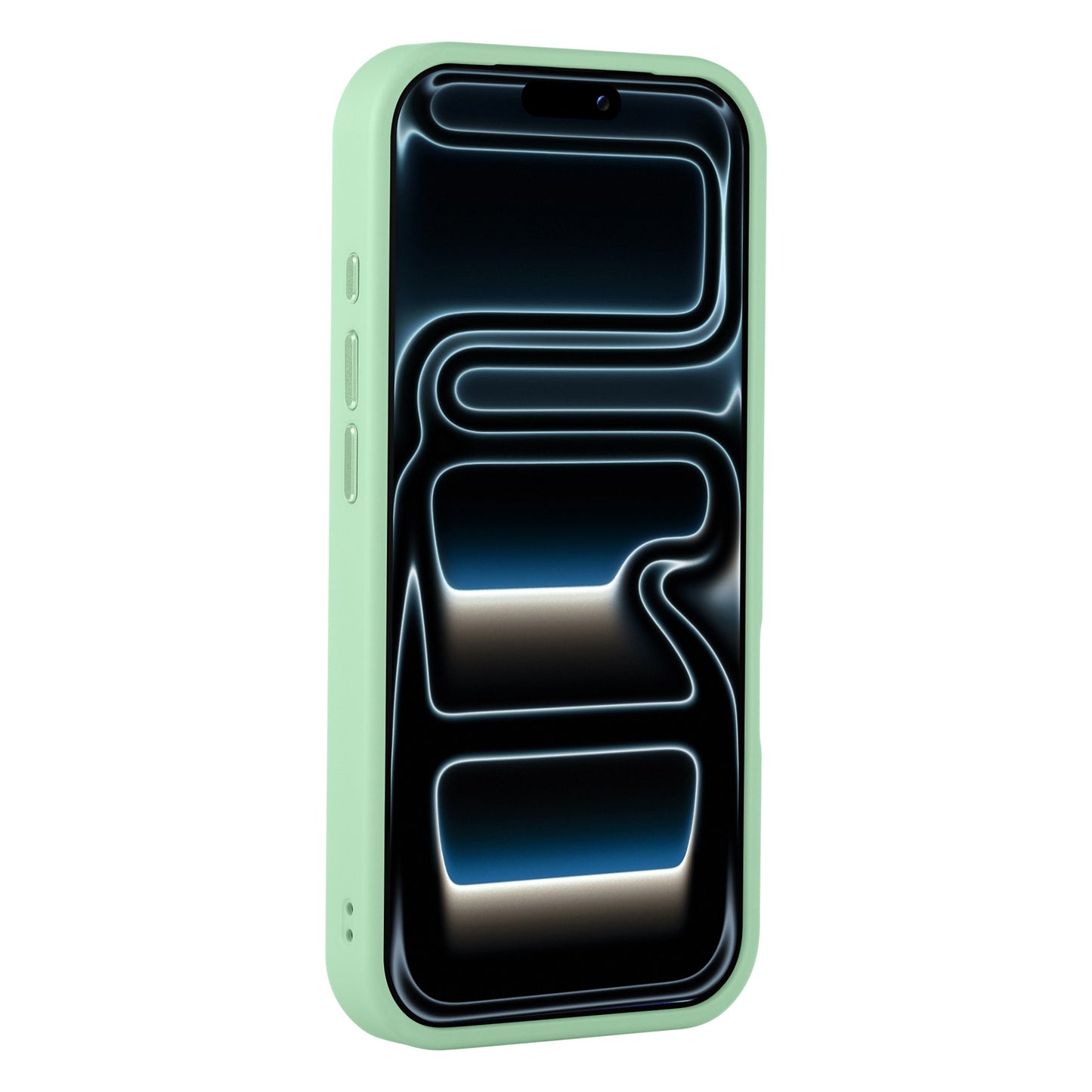 Ein iPhone mit grünem, mattem Arktis iPhone 17 Pro Solid Case von Arktis zeigt ein reflektierendes, abstraktes Design auf dem Bildschirm vor einem weißen Hintergrund.