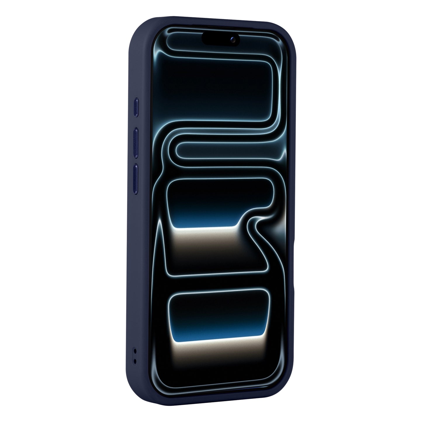 Das Arktis iPhone 17 Pro Solid Case von Arktis hat ein mattes, dunkelblaues Finish und zeigt ein iPhone mit einem leuchtenden, abstrakten Muster auf dem Bildschirm.