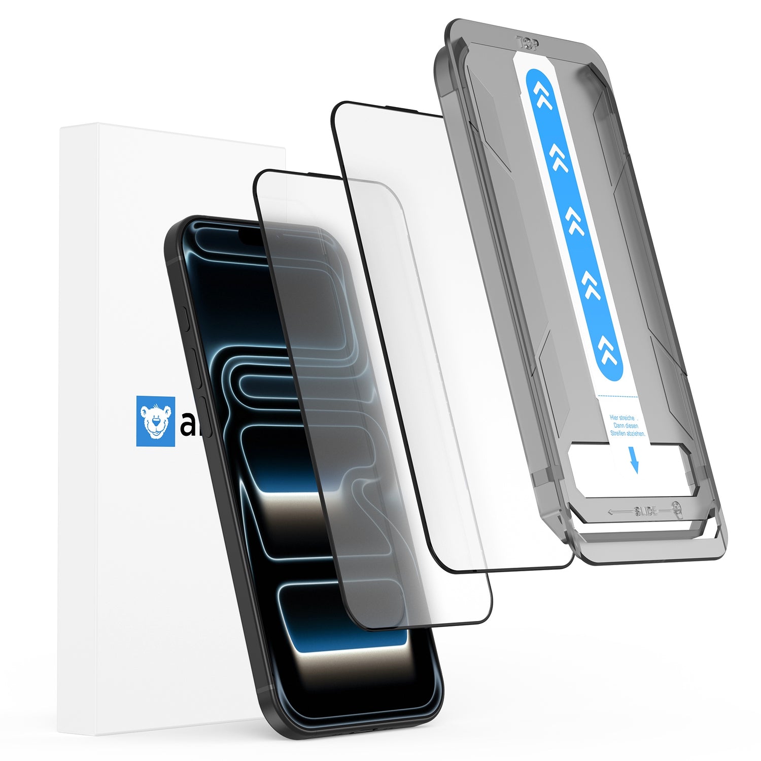 Das arktis iPhone 17 Pro Max MATT Displayschutzfolie Kit enthält eine matte Displayschutzfolie, einen Montagerahmen und eine Verpackung, die für eine staub- und blasenfreie Anbringung konzipiert ist.