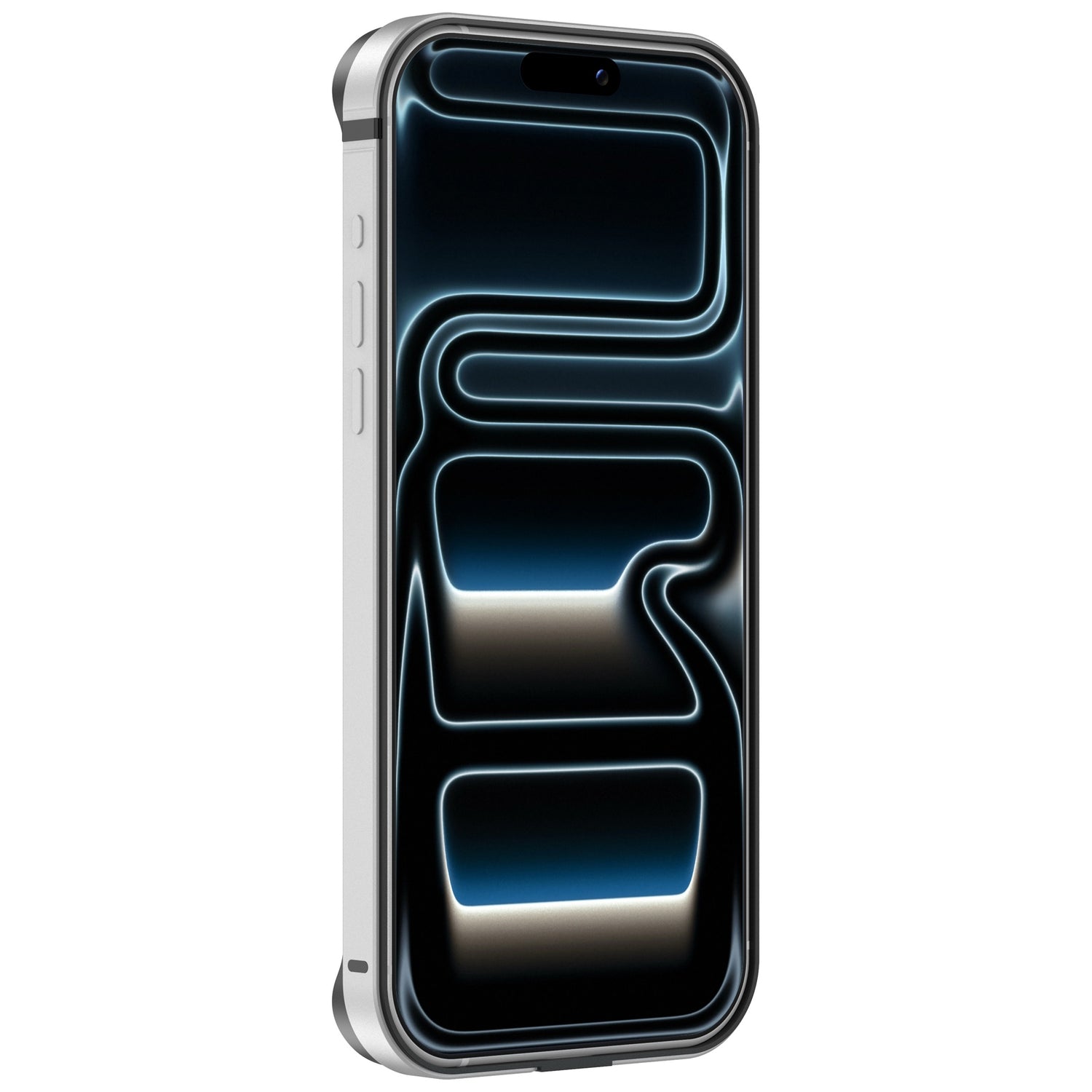 Ein silbernes Smartphone mit metallischem Rahmen, abstrakt leuchtende blaue Linien auf dem Display, geschützt durch den arktis iPhone 17 Pro Bumper - eine ultraleichte Aluminium-TPU-Silikonhülle von arktis.