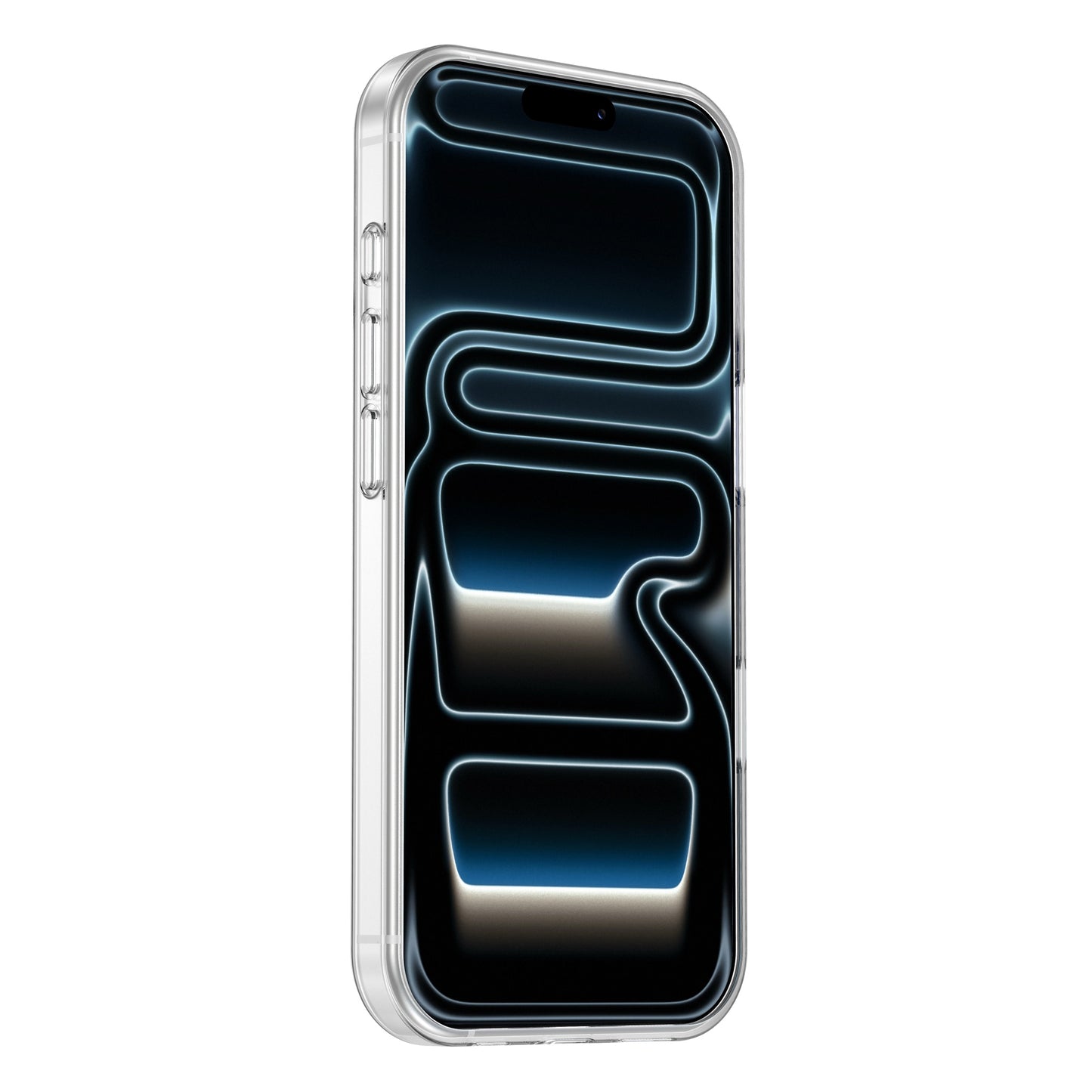 Das arktis iPhone 17 Pro Max Invisible Case von arktis ist ein stoßfestes, transparentes Case, ideal um Ihr Smartphone mit einem abstrakten blau-weiß leuchtenden Muster auf dem Bildschirm darzustellen.