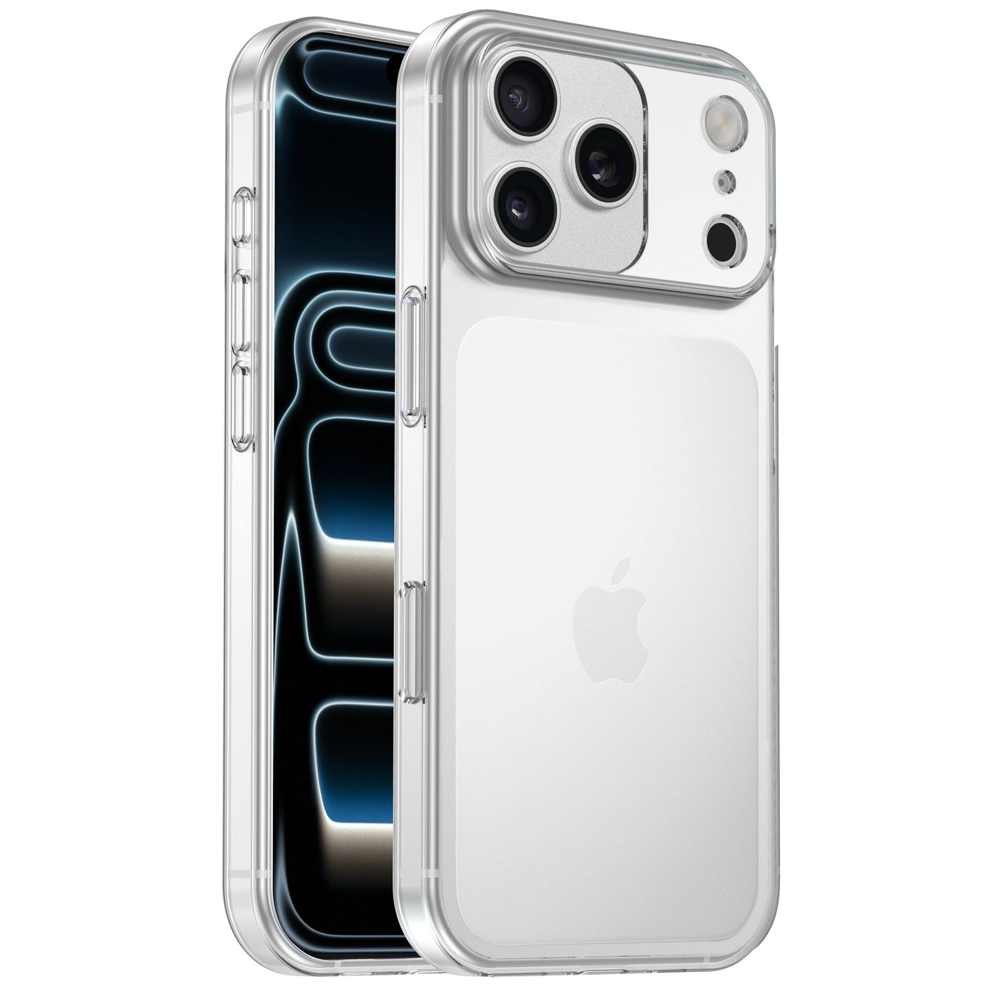 Zwei iPhones in stoßfesten, transparenten Cases - eins zeigt das Display, das andere die Rückseite mit drei Kameralinsen. Schütze dein Gerät stilvoll mit dem arktis iPhone 17 Pro Max Invisible Case von arktis.