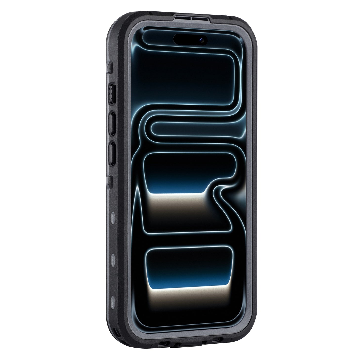 Ein Smartphone im arktis iPhone 17 Pro Wasserdichtes Actioncase (IP68, schwarz) mit einem leuchtenden abstrakten Design auf dem Bildschirm.