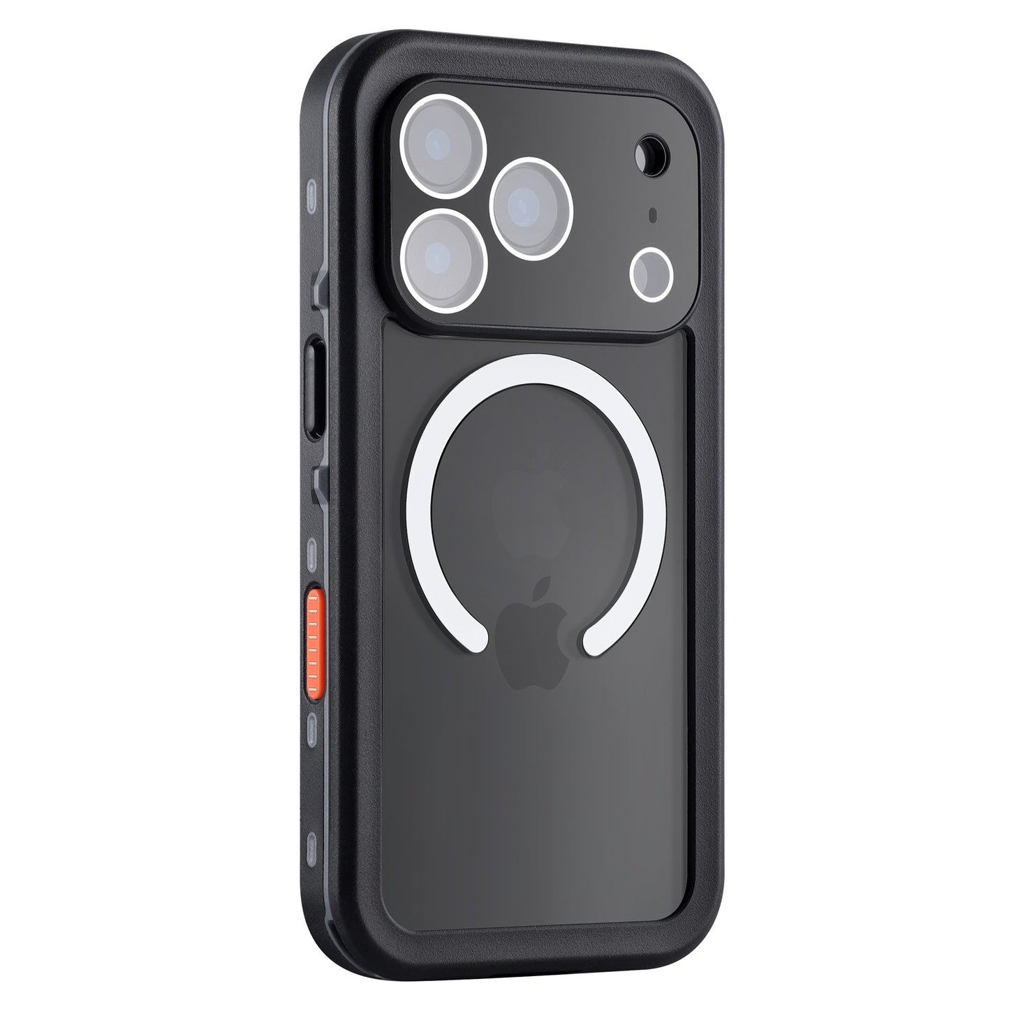 Das arktis iPhone 17 Pro Wasserdichtes Actioncase von arktis ist ein schwarzes IP68-Schutz-Case mit MagSafe-Ring und sichtbaren Kameraausschnitten auf der Rückseite.
