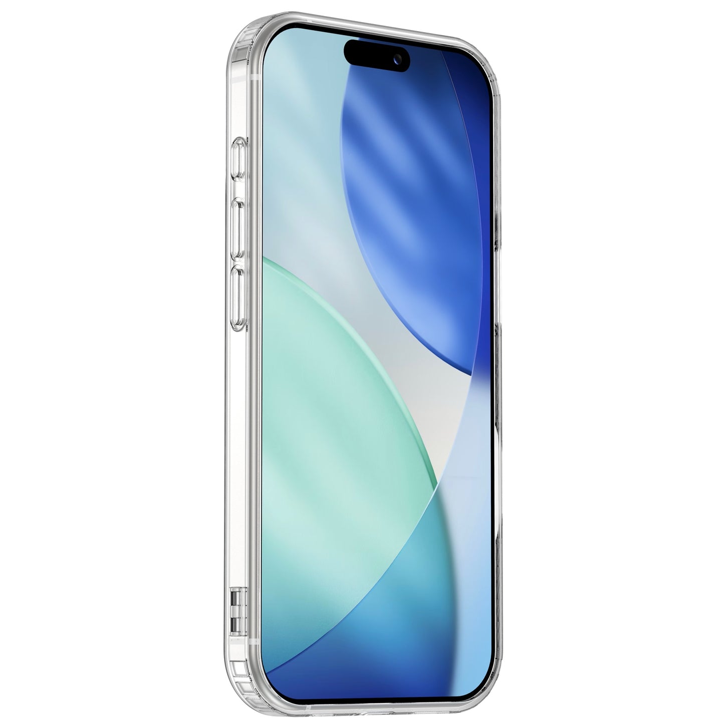 Das arktis iPhone 17 Pro Max PureCase mit MagSafe von arktis wird aufrecht mit einer transparenten Hülle gezeigt, die ein blaues und grünes abstraktes Hintergrundbild zeigt.