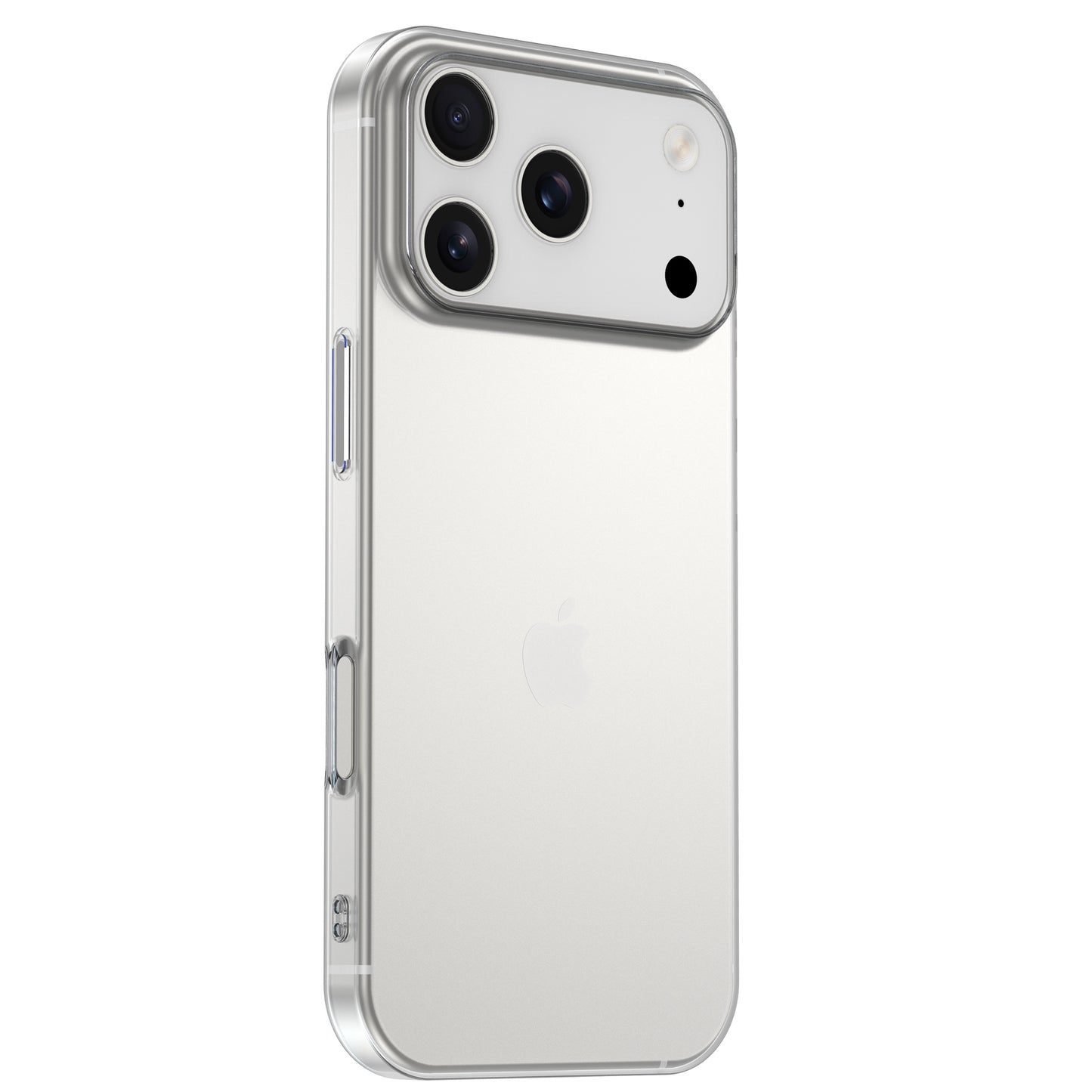 Ein silbernes Smartphone mit drei rückwärtigen Kameras in einem arktis iPhone 17 Pro ZERO Case (transparent, ultradünn) von arktis, von hinten gesehen.