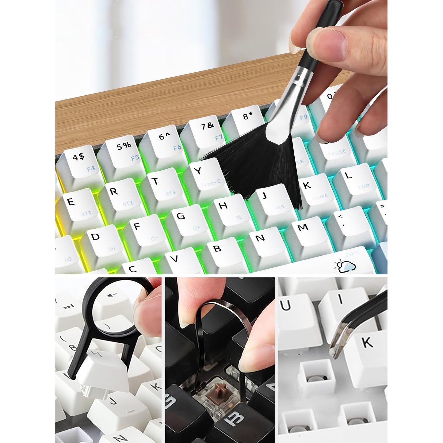Jemand reinigt eine weiße mechanische Tastatur mit einer Bürste des Arktis 18-in-1 Reinigungskits. Zwei kleinere Bilder zeigen ein Werkzeug zum Entfernen von Tastenkappen und eine Hand, die eine Tastenkappe über der RGB-beleuchteten Tastatur hält.