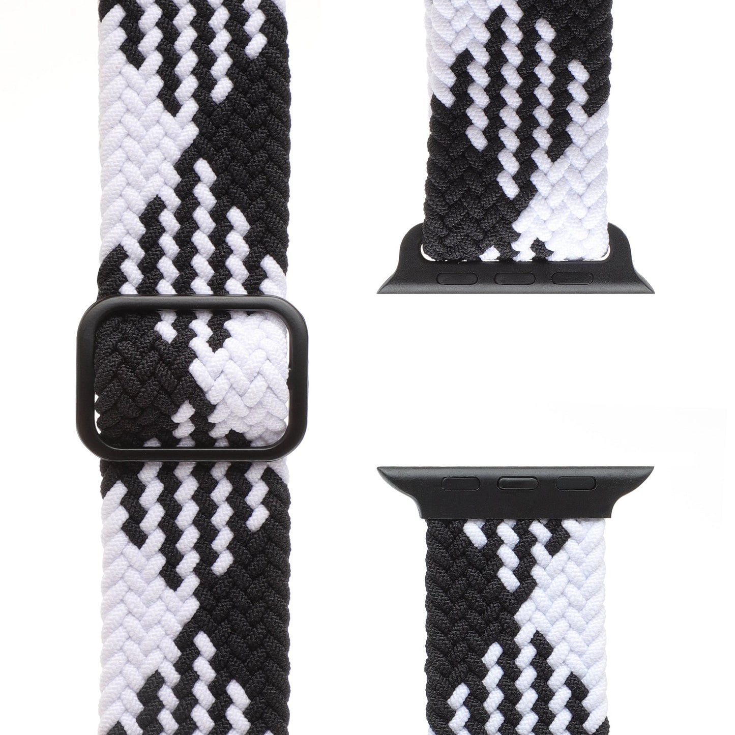 Nahaufnahme des geflochtenen Flex Loop TwoTone Armbands für die Apple Watch mit schwarz-weißem Zickzackmuster, schwarzer Hardware, Edelstahlverschluss und Anschlüssen, aus drei Winkeln gezeigt.