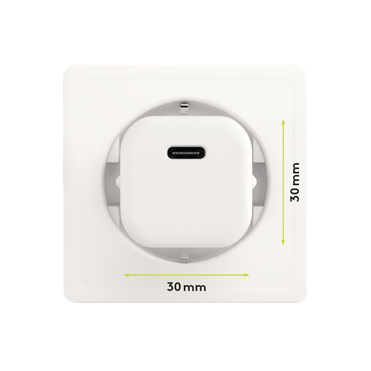 Das Goobay USB-C PD GaN Schnellladegerät Nano 20 W ist eine weiße Wandsteckdose mit Power Delivery 3.0, die über einen USB-C-Anschluss und kompakte Abmessungen von 30 mm x 30 mm verfügt.