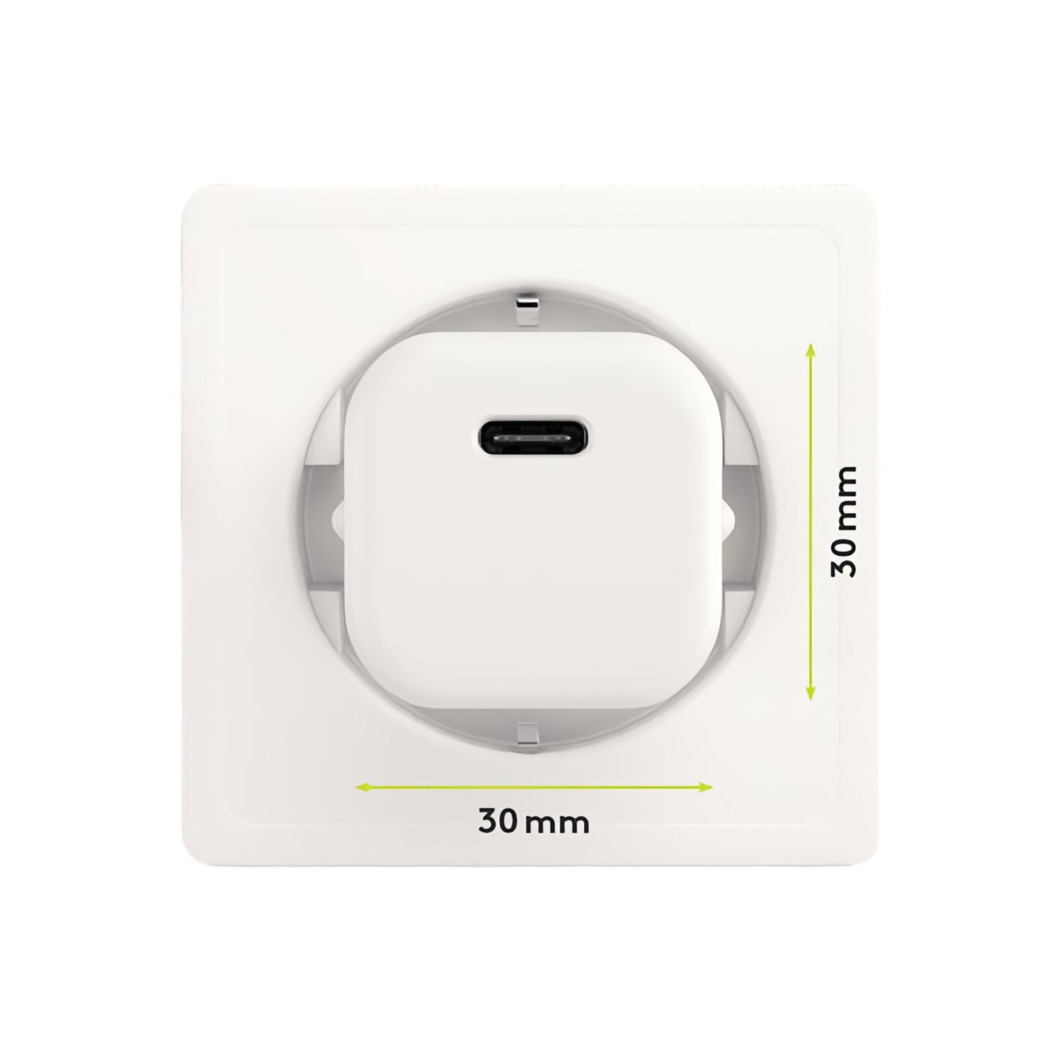 Das Goobay USB-C PD GaN Schnellladegerät Nano 20 W ist eine weiße Wandsteckdose mit Power Delivery 3.0, die über einen USB-C-Anschluss und kompakte Abmessungen von 30 mm x 30 mm verfügt.