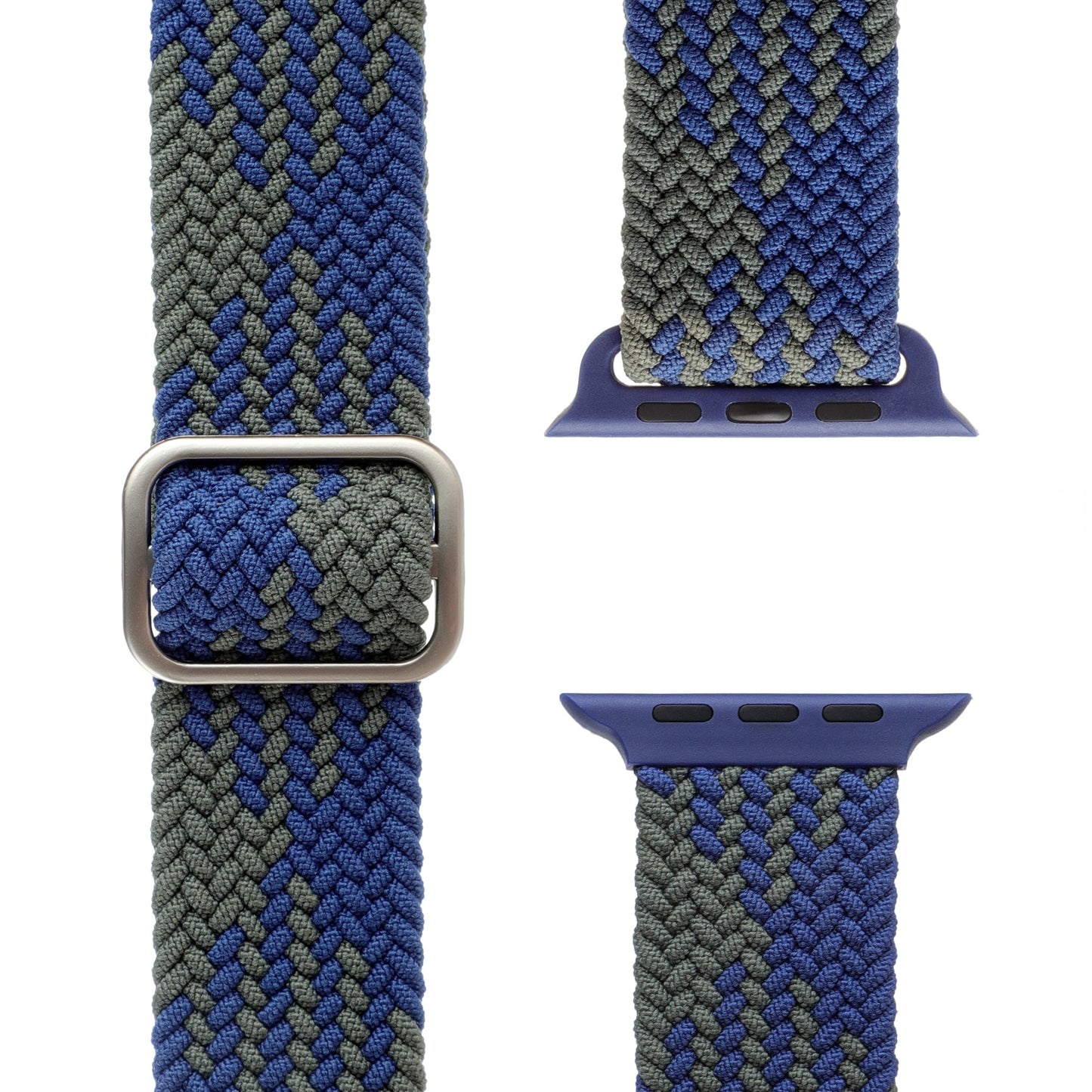 Nahaufnahme des geflochtenen Flex Loop TwoTone-Armbands für die Apple Watch in Blau und Grau mit einem Edelstahlverschluss und blauen Kunststoffverbindern, aus verschiedenen Winkeln gezeigt, um Textur und Befestigungspunkte hervorzuheben.