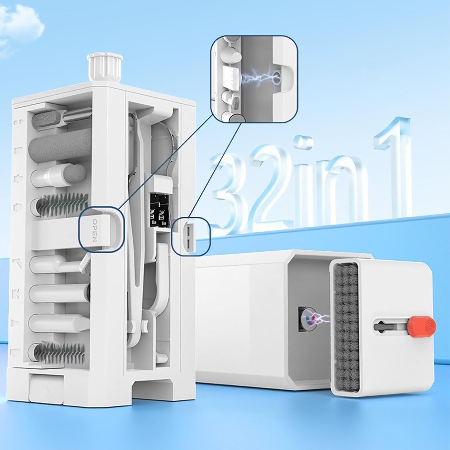 Das arktis 32-in-1 Reinigungskit von arktis ist geöffnet abgebildet und enthält 32 Werkzeuge, übersichtlich angeordnet in weißen, rechteckigen Fächern. Nahaufnahmen zeigen elektrische Kontakte und eine Bürste vor einem blauen Himmelshintergrund und dem Schriftzug „32 in 1“.