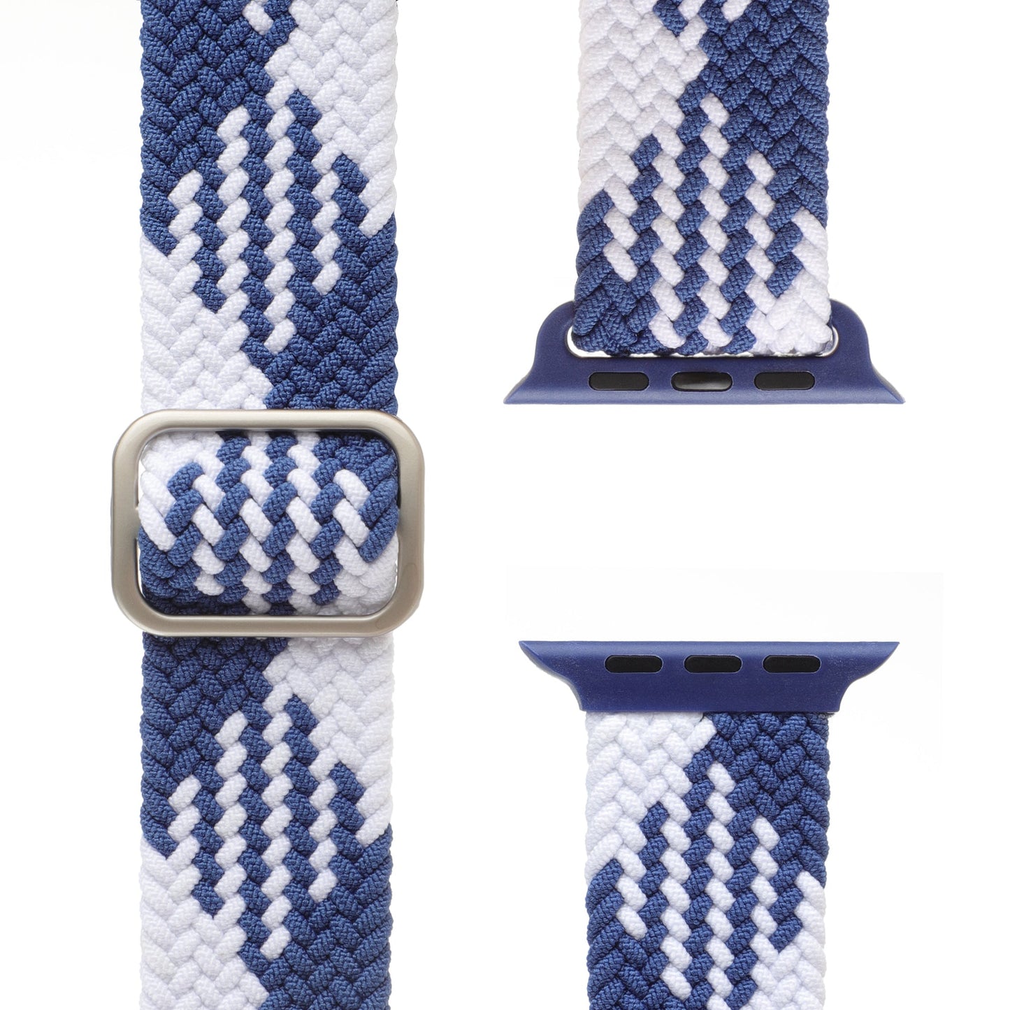 Nahaufnahme des geflochtenen Flex Loop TwoTone-Armbands für die Apple Watch in Blau und Weiß mit geometrisch gewebtem Nylondesign, Edelstahlverschluss-Schnalle und zwei Anschlüssen zur einfachen Befestigung.