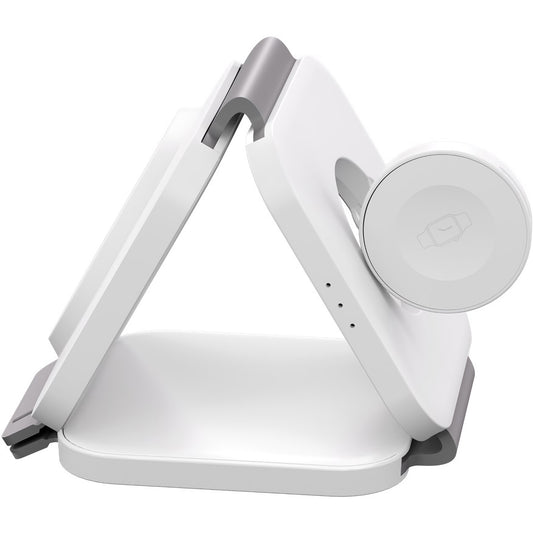 Das Goobay Kabelloses 3in1 Ladegerät für iPhone, Apple Watch und AirPods ist ein weißer, faltbarer kabelloser Ladeständer mit drei Qi-kompatiblen Pads im stylischen Dreiecksdesign – perfekt als Reisebegleiter zum gleichzeitigen Laden unterwegs.