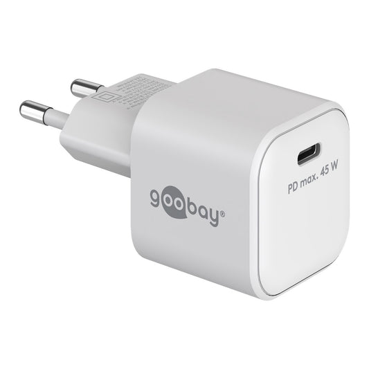 Das Goobay USB-C Netzteil Fast Charge GaN USB-C 45 W verfügt über europäische Steckerstifte, PD bis zu 45 W (durch den Ladeanschluss gekennzeichnet), verwendet moderne GaN-Technologie für optimale Effizienz und enthält Sicherheitsmechanismen für Ihre Geräte.