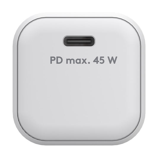 Das Goobay USB-C Netzteil Fast Charge GaN USB-C 45 W ist ein weißes, quadratisches Ladegerät mit abgerundeten Ecken, einem nach vorne gerichteten USB-C-Anschluss und „PD max. 45 W“ in grauer Schrift.