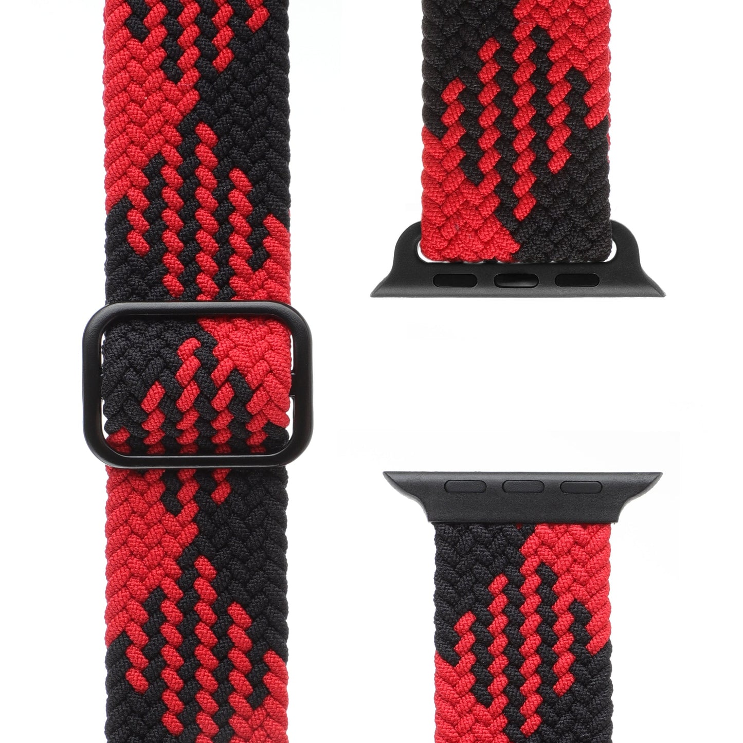 Nahaufnahme des geflochtenen Flex Loop TwoTone Armbands für die Apple Watch in Rot und Schwarz mit geometrischem Muster, Edelstahlverschluss und Anschlüssen für Ihre Apple Watch – aus verschiedenen Winkeln gezeigt.