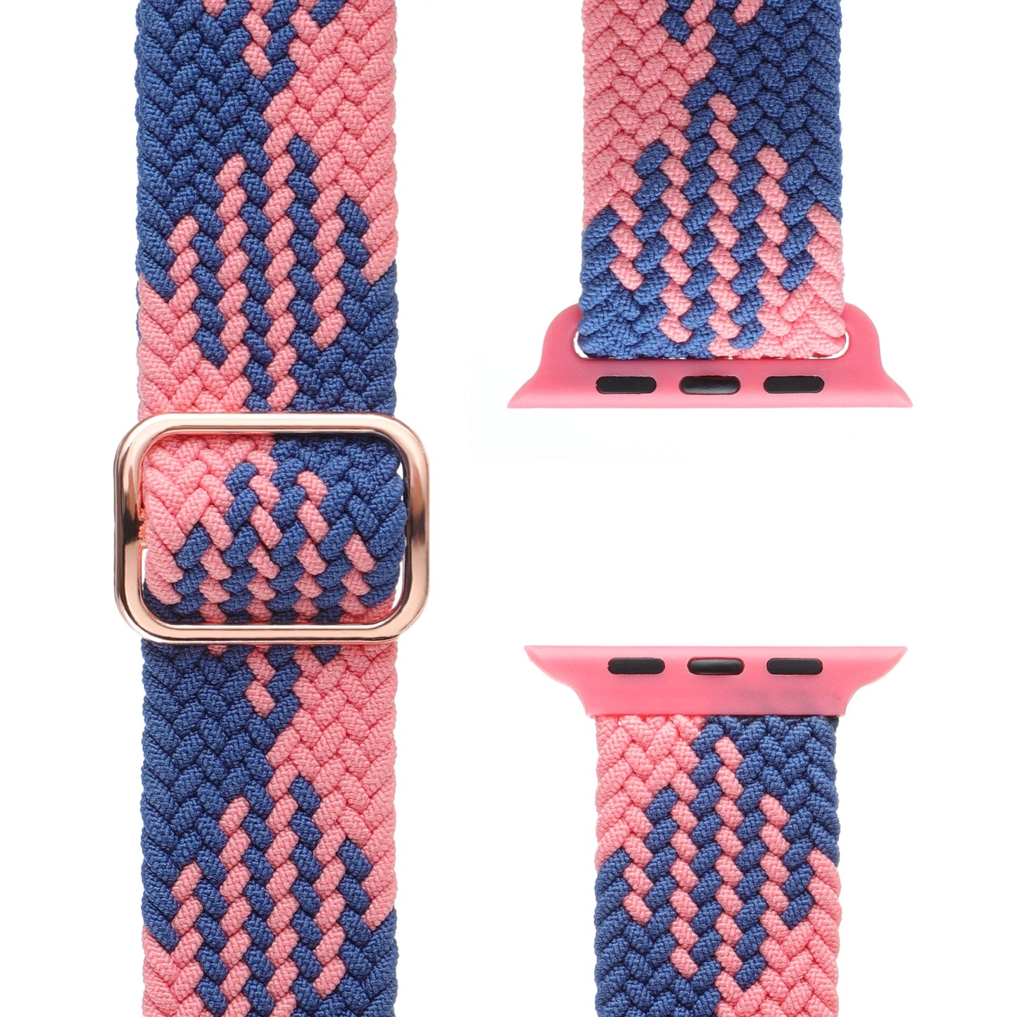 Eine Nahaufnahme des geflochtenen Flex Loop TwoTone-Armbands für die Apple Watch in Pink und Blau mit geometrischem Muster, einem roségoldenen Edelstahlverschluss und zwei rosafarbenen Anschlüssen zur einfachen Befestigung an der Smartwatch.