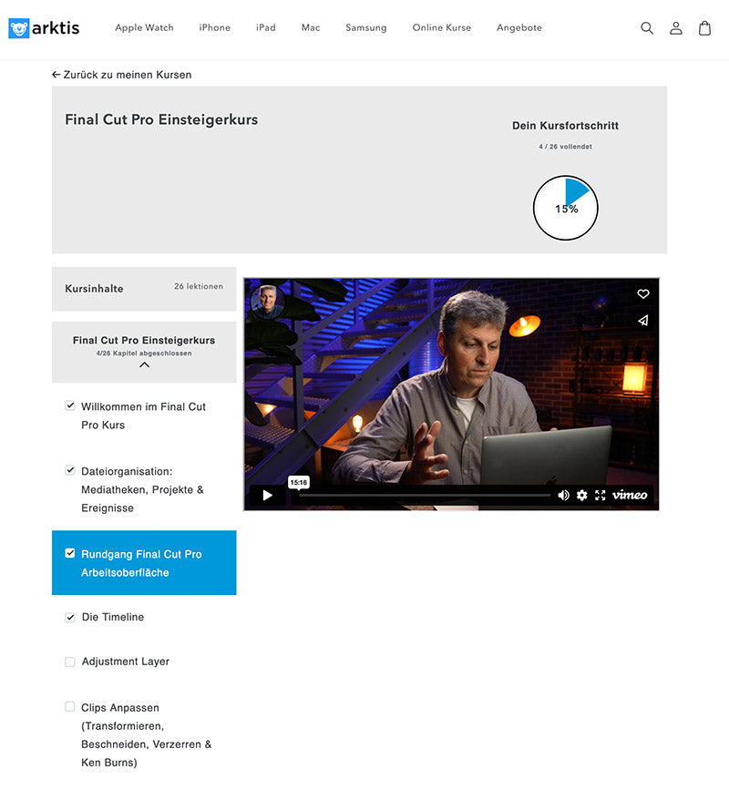 Überblick über die Menüstruktur der Wolffilms Academy mit Beispielvideo Aufruf von Rainer Wolf