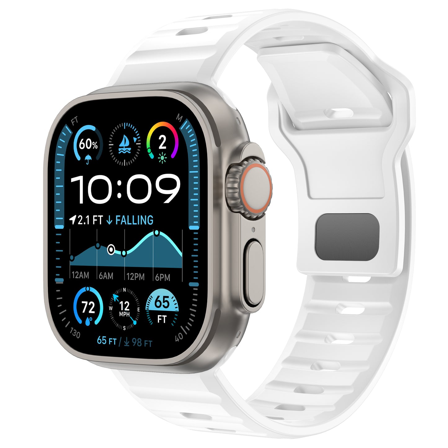 Das arktisband Apple Watch Silikonarmband "Active" passt zu einer weißen Smartwatch mit quadratischem Zifferblatt, silbernem Gehäuse und orangefarbenen Akzenten und zeigt Uhrzeit, Wetter, Gezeitendiagramm, UV-Index, Temperatur und Höhe an. Sein atmungsaktives Design sorgt für maximalen Tragekomfort.
