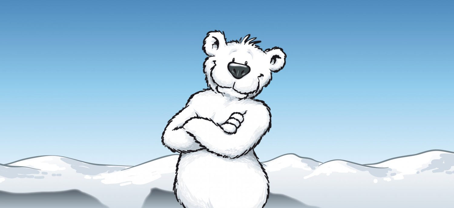 Freundlicher Eisbär mit verschränkten Armen.