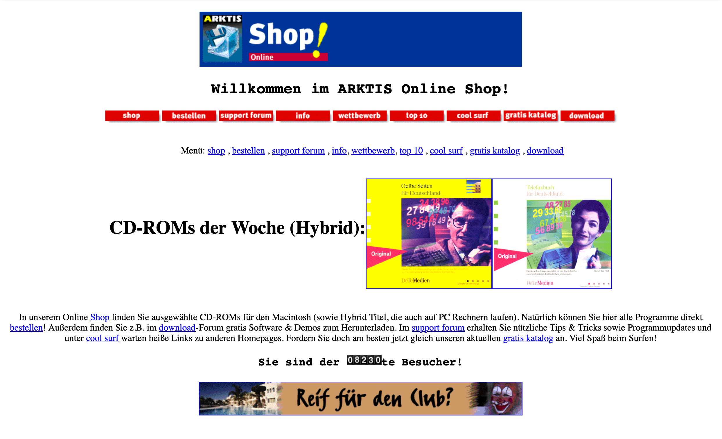 Screenshot der Homepage eines deutschen Onlineshops im Retro-Stil mit CD-ROMs der Woche und bunten Navigationsleisten.
