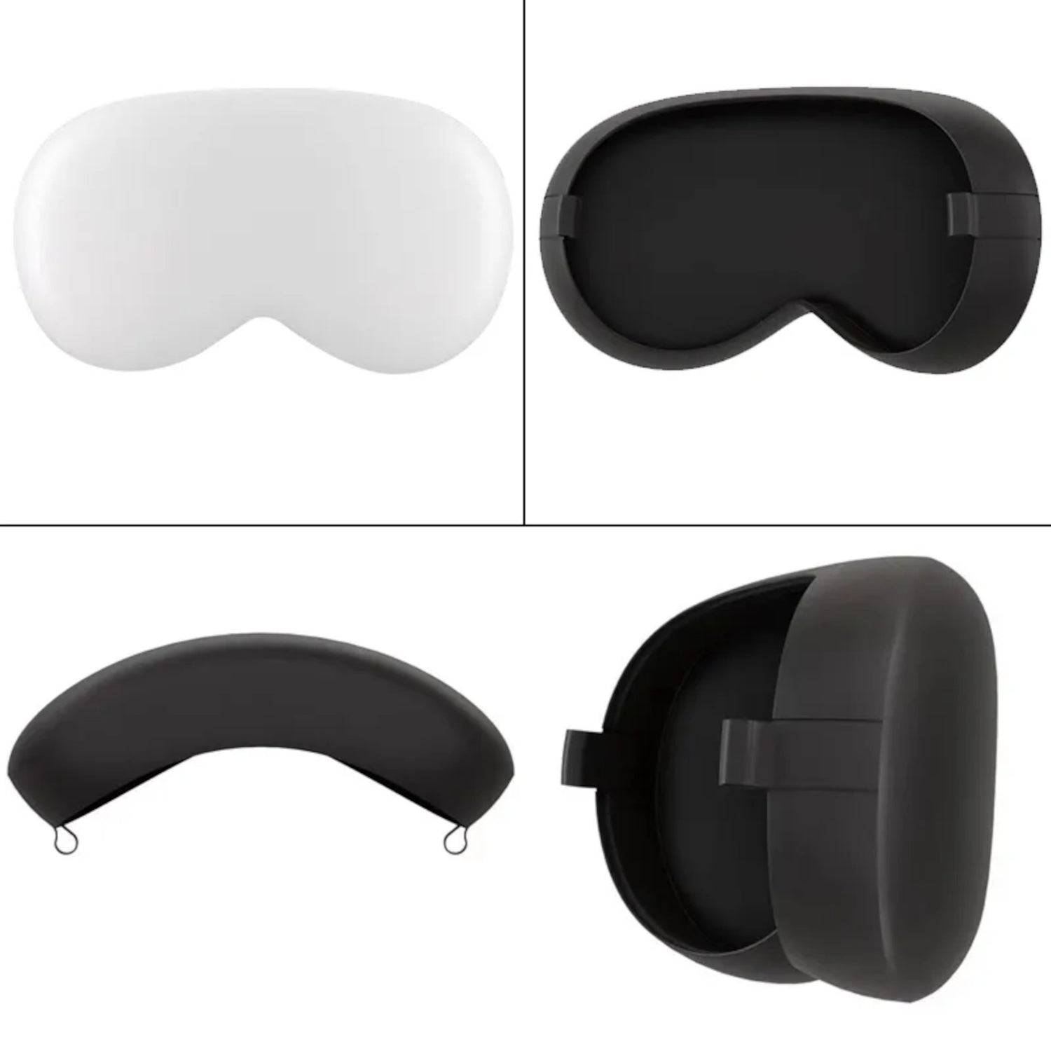 Vier Ansichten des ArktisPRO Apple Vision Pro Aufbewahrungscase – Schwarz, ein robustes schwarz-weißes Etui mit Riemen und Metallschlaufen von ArktisPRO, geöffnet und geschlossen dargestellt.