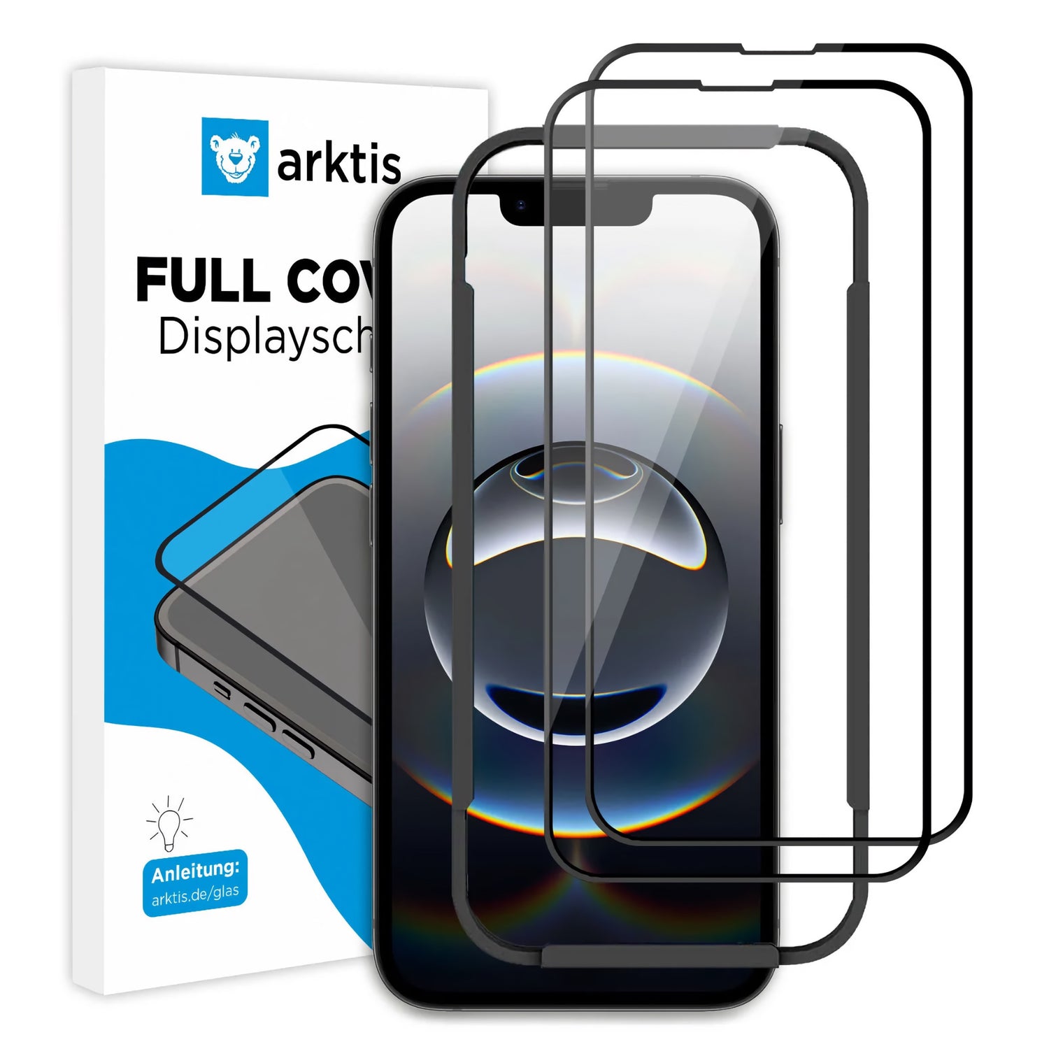 Ein iPhone mit zwei kratzfesten transparenten Displayschutzfolien steht vor seiner arktis iPhone 16e Displayschutz GLAS – hüllenfreundlichen Box, die eine Telefonillustration und ein Anweisungssymbol zeigt.