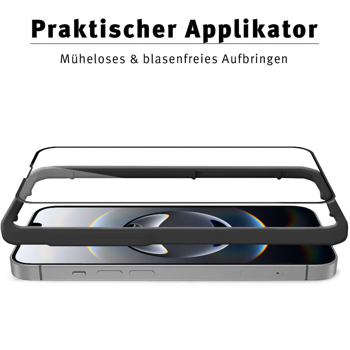 Ein arktis iPhone 16e Displayschutz GLAS – hüllenfreundlich schwebt über einem flachliegenden Smartphone mit schwarzem Rahmen. Oben steht auf Deutsch: Praktischer Applikator und müheloses & blasenfreies Aufbringen.