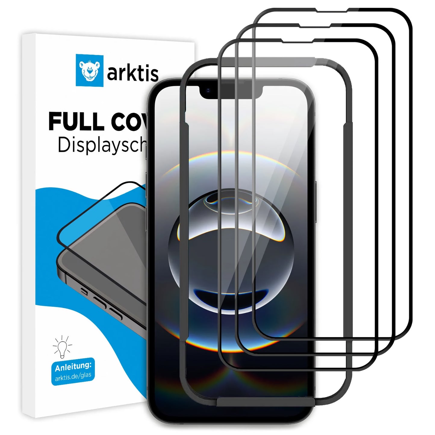 Das arktis iPhone 16e Displayschutz GLAS-Set enthält vier transparente, kratzfeste und oleophobe Displayschutzfolien aus Glas in einer Box mit der Aufschrift „arktis FULL COVER Displayschutzglas“ und einem abgebildeten iPhone 16e auf der Verpackung.
