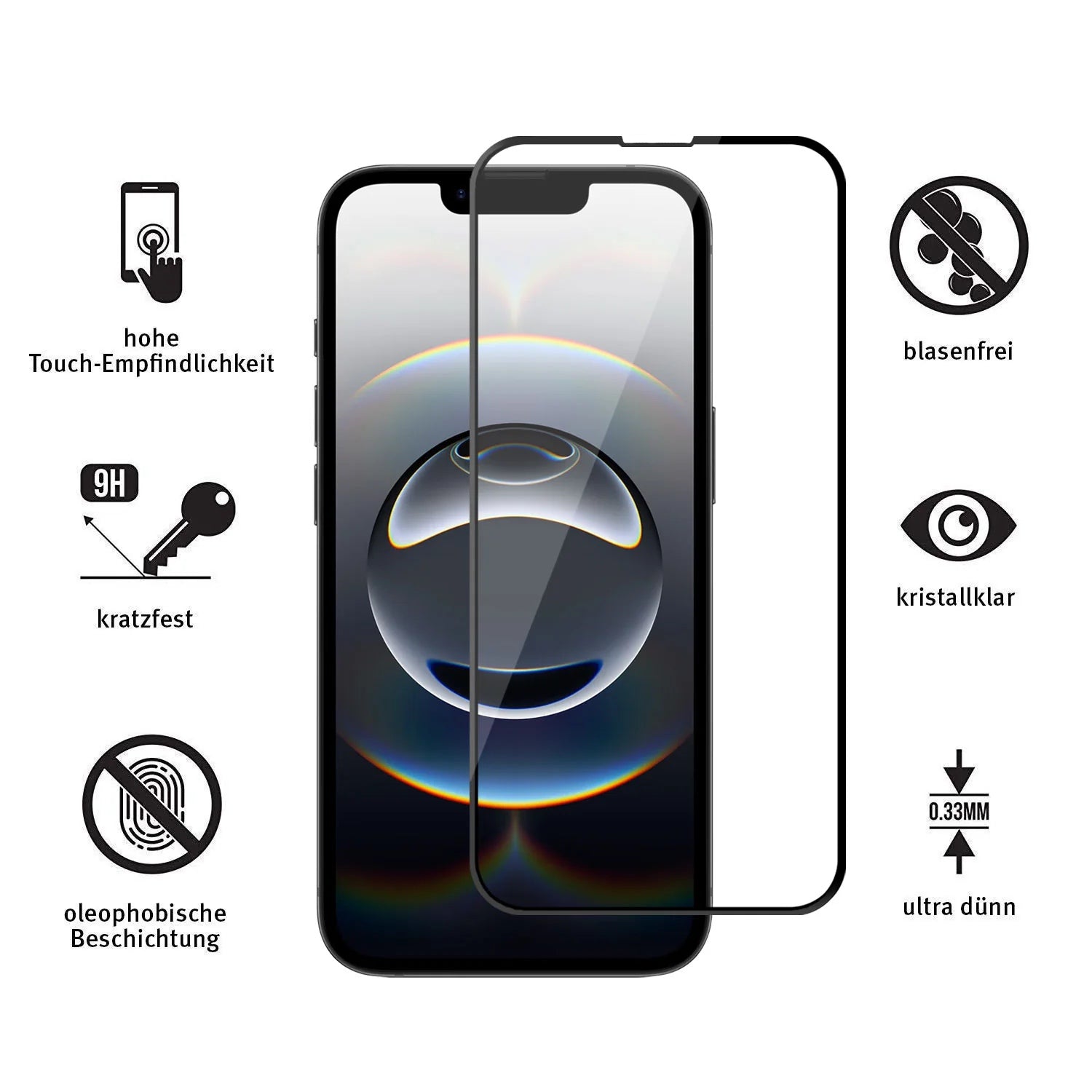 Ein iPhone mit arktis iPhone 16e Displayschutz GLAS – hüllenfreundlich und transparenter Frontfolie. Deutsche Icons: hohe Berührungsempfindlichkeit, blasenfrei, kratzfest, kristallklar, oleophobisch, ultradünn 0,33 mm.