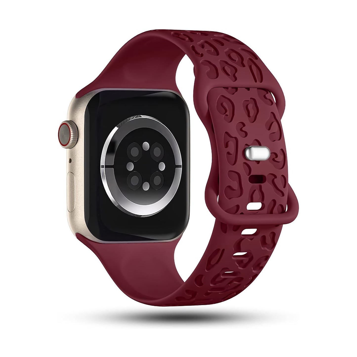 Das arktisband Apple Watch Armband „Leopard“ hat ein quadratisches Zifferblatt und ein kastanienbraunes Silikonband mit einem erhabenen abstrakten Muster. Es ist schräg angebracht, um das Design hervorzuheben, und ist für eine nahtlose Kopplung mit der Apple Watch kompatibel.