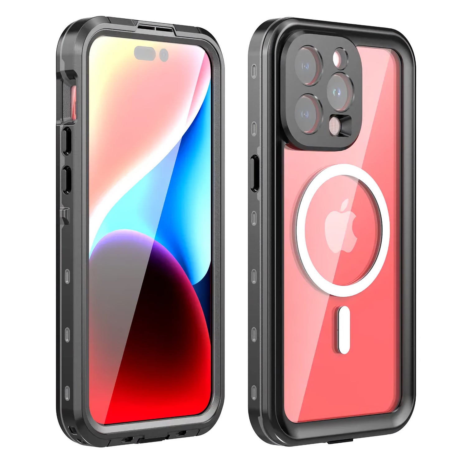 Das ArktisPRO iPhone 15 Pro Max Wasserdichtes Actioncase ULTIMATE ist ein robustes, schwarzes Case mit transparenter Rückseite, MagSafe-Ring und stoßfestem Design. Es ist IP68-zertifiziert und bietet hervorragenden Schutz.