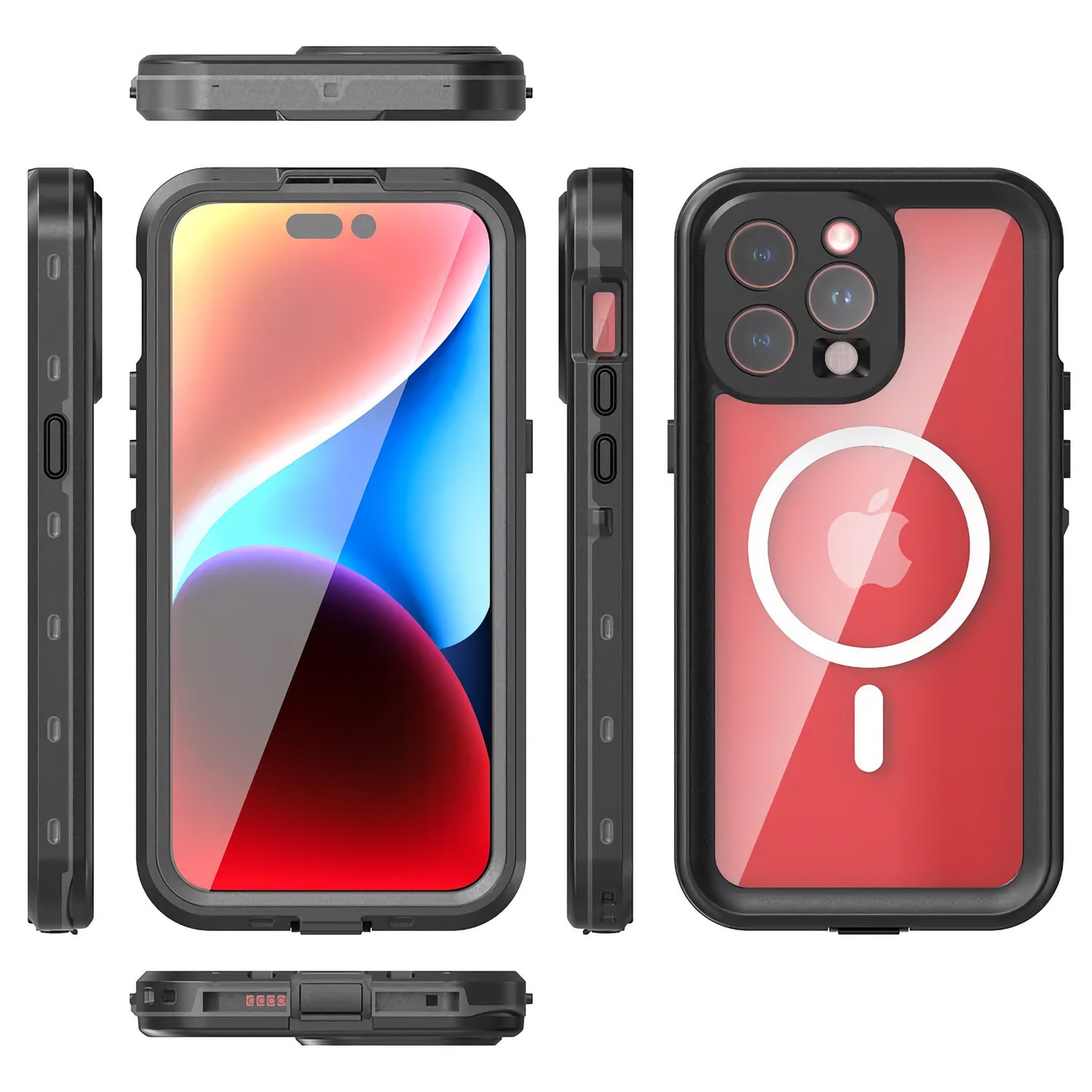 Das ArktisPRO iPhone 15 Pro Max Wasserdichtes Actioncase ULTIMATE, eine robuste schwarze IP68-Telefonhülle von ArktisPRO, wird auf einem roten Smartphone aus mehreren Winkeln gezeigt – vorne, hinten und von den Seiten.