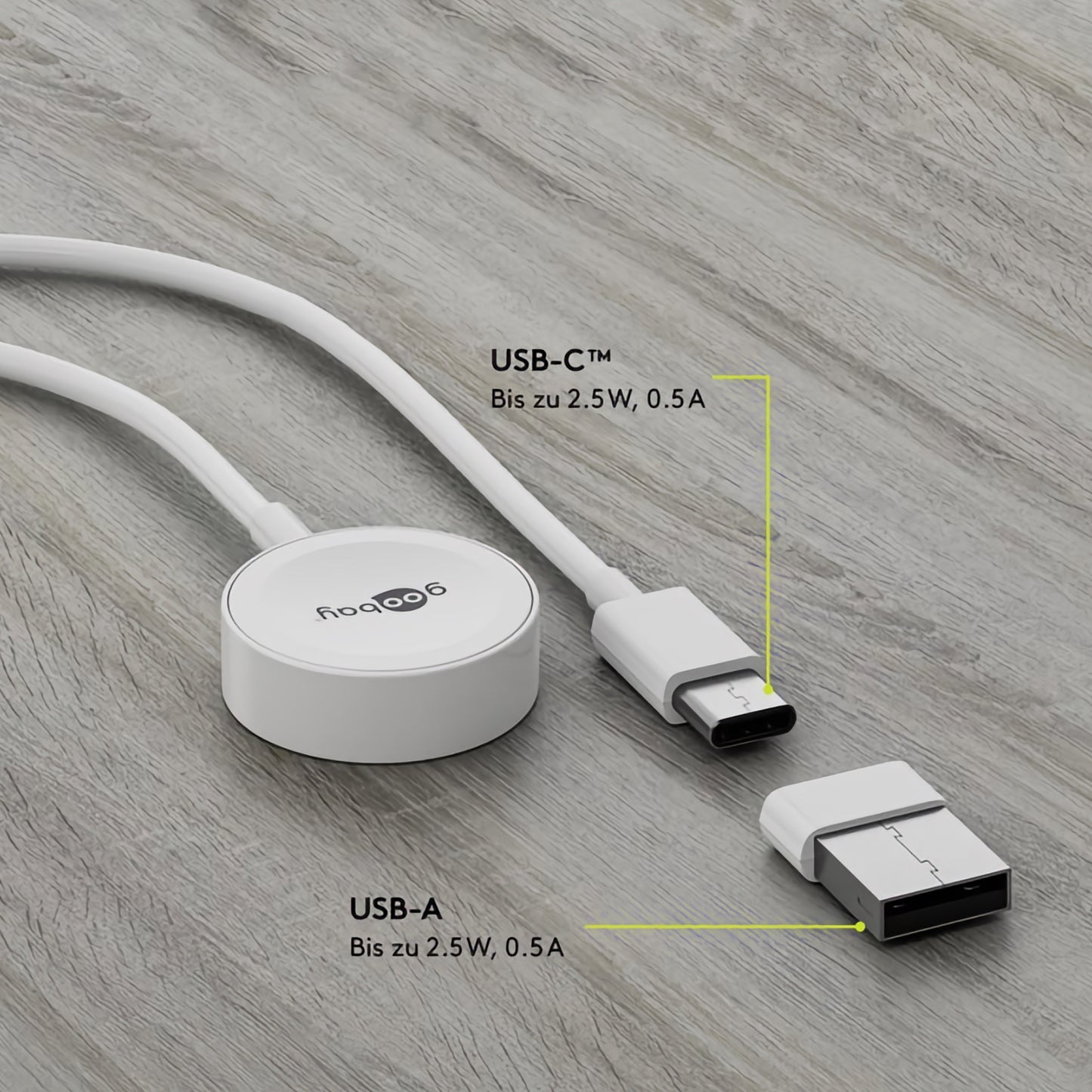Das 1 m lange Magnetische Ladegerät für Apple Watch von Goobay mit USB-C und USB-A eignet sich ideal zum kabellosen Laden in Kombination mit einer induktiven Ladestation oder als Apple Watch Ladegerät.