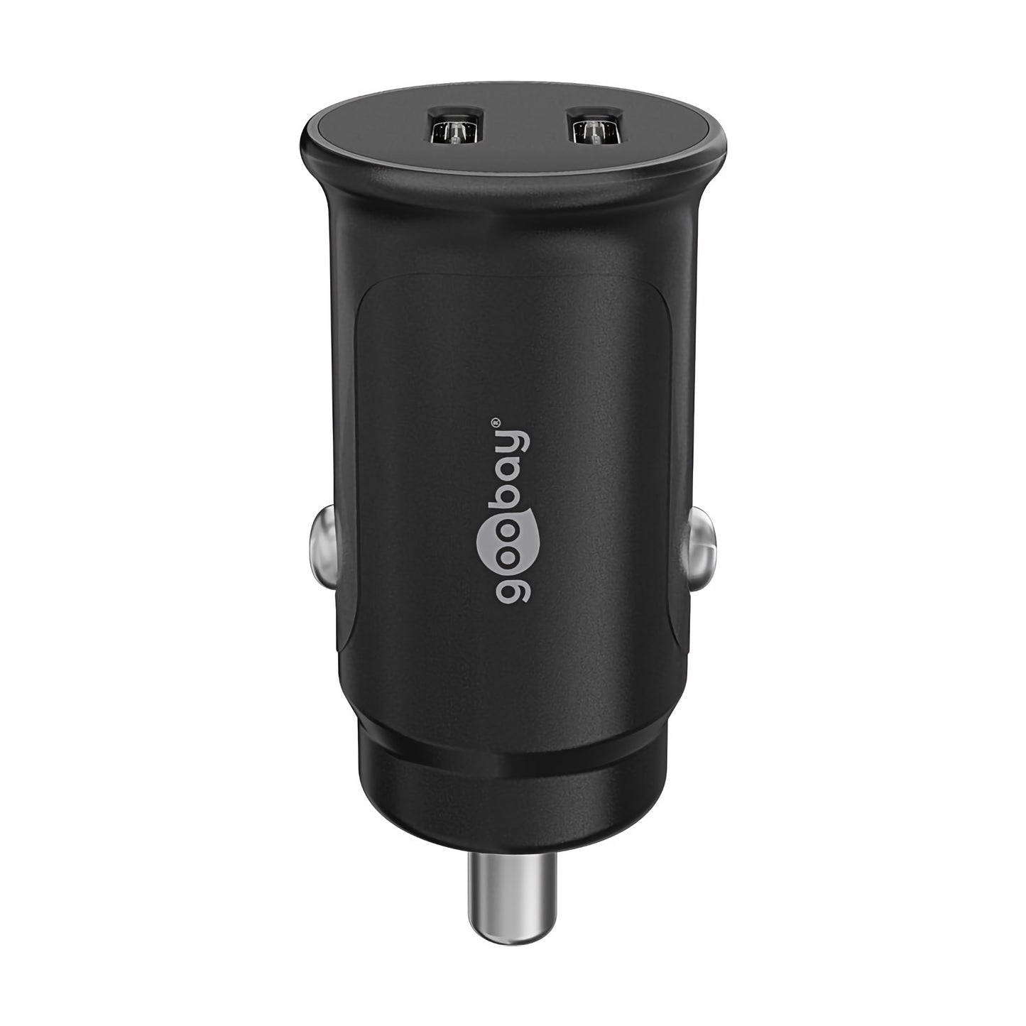 Das Goobay Dual USB-C PD Auto-Schnellladegerät 30 W in Schwarz mit silbernen Akzenten verfügt über zwei USB-C-Anschlüsse und wird in einer schrägen Frontansicht gezeigt.