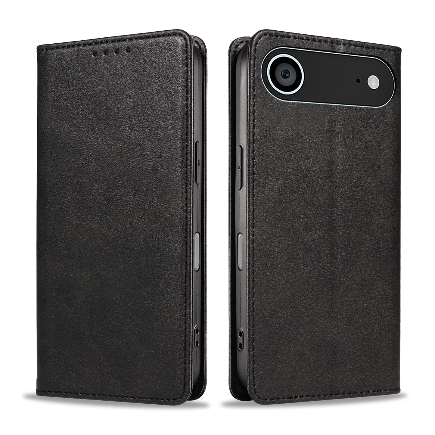 Zwei Ansichten des arktis iPhone 17 Air Book Case von arktis in schwarzem Kunstleder mit TPU-Silikonkanten, geschlossen dargestellt, um sowohl die Vorder- als auch die Rückseite zu zeigen.