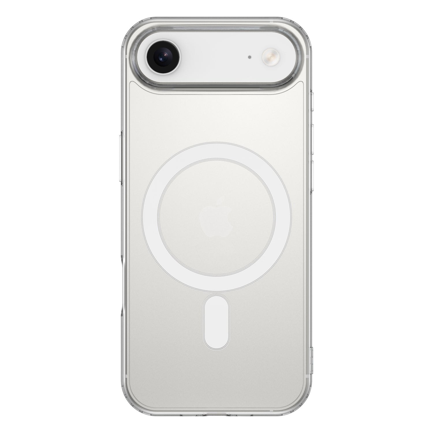 Ein weißes iPhone mit dem arktis iPhone Air PureCase mit MagSafe - eine stoßfeste, MagSafe-kompatible Hülle in klarem Design, die das Apple Logo und den MagSafe Kreis sichtbar lässt.
